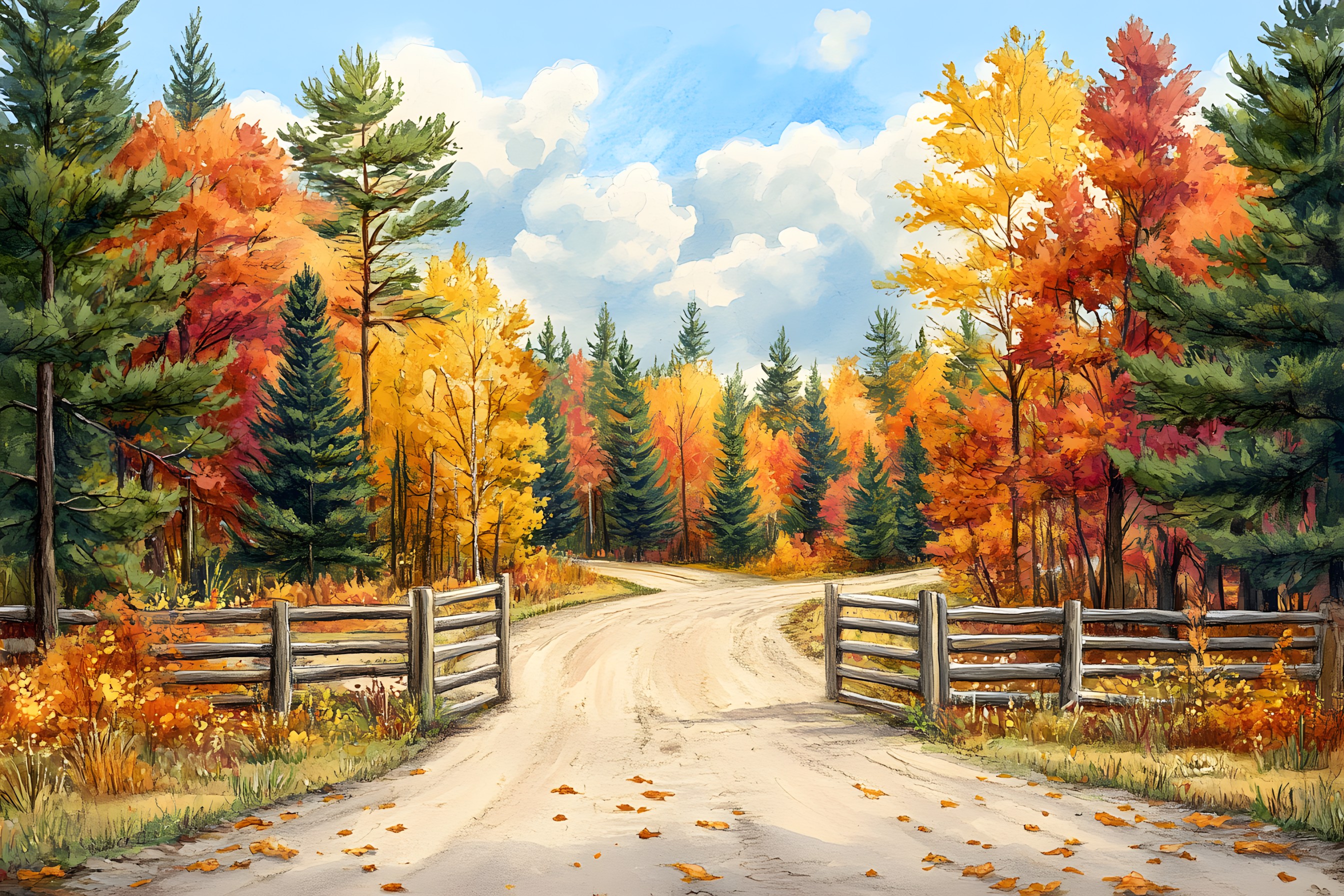 Natural landscape, Watercolor painting, Painting, Woody plant, Forest, Autumn, Art Paint, Paint, Woodland, Acrylic paint, Modern art, Larch, Northern hardwood forest, Conifers, Temperate broadleaf and mixed forest, Grove, Path, Pine family, Split-rail fence