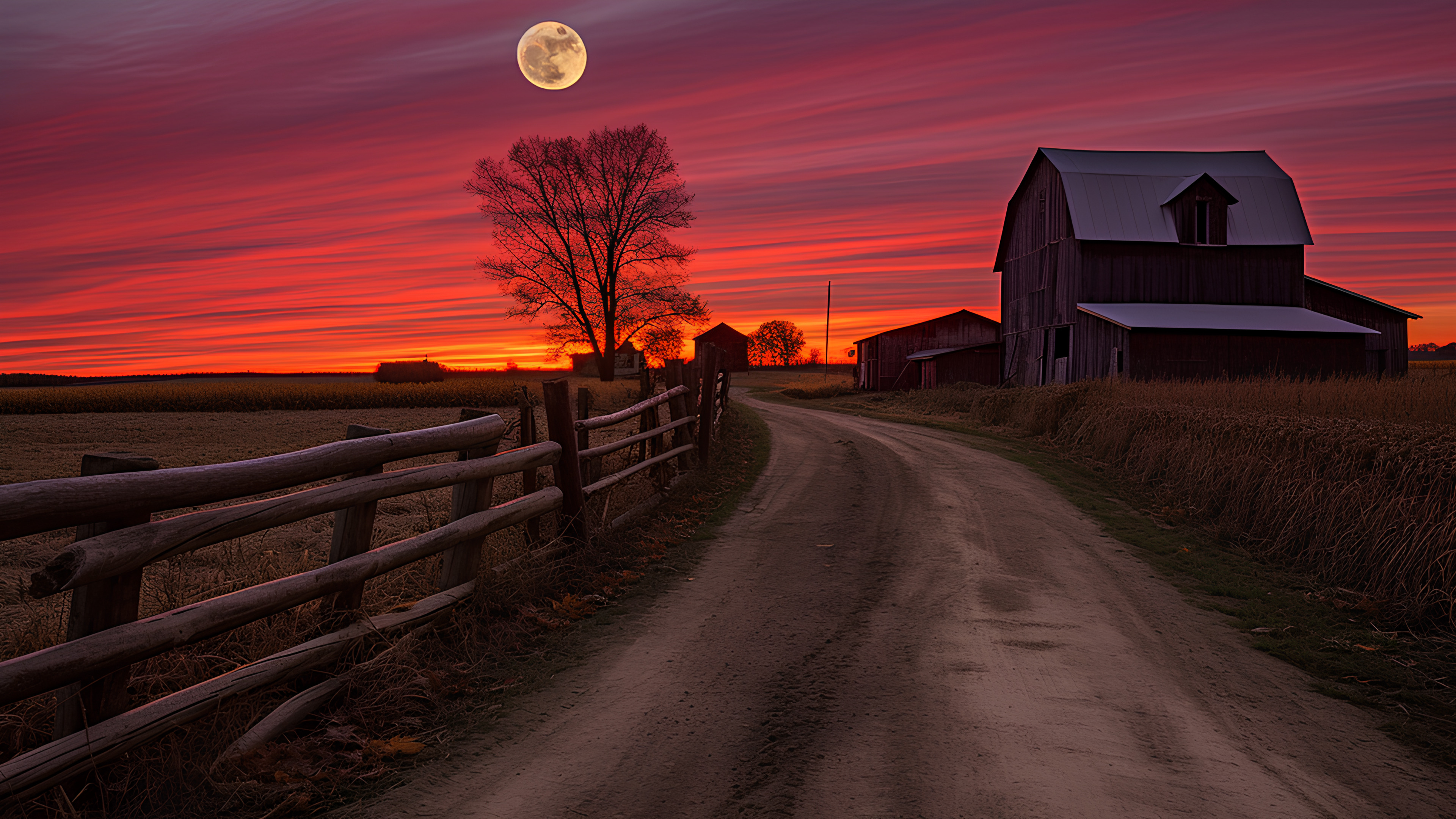 Cloud, Sky, Atmosphere, Building, Plant, Natural landscape, Afterglow, Road surface, Tree, Orange, Asphalt, Dusk, Wood, Sunlight, Atmospheric phenomenon, Red sky at morning, Sunrise, Sunset, Grass, House