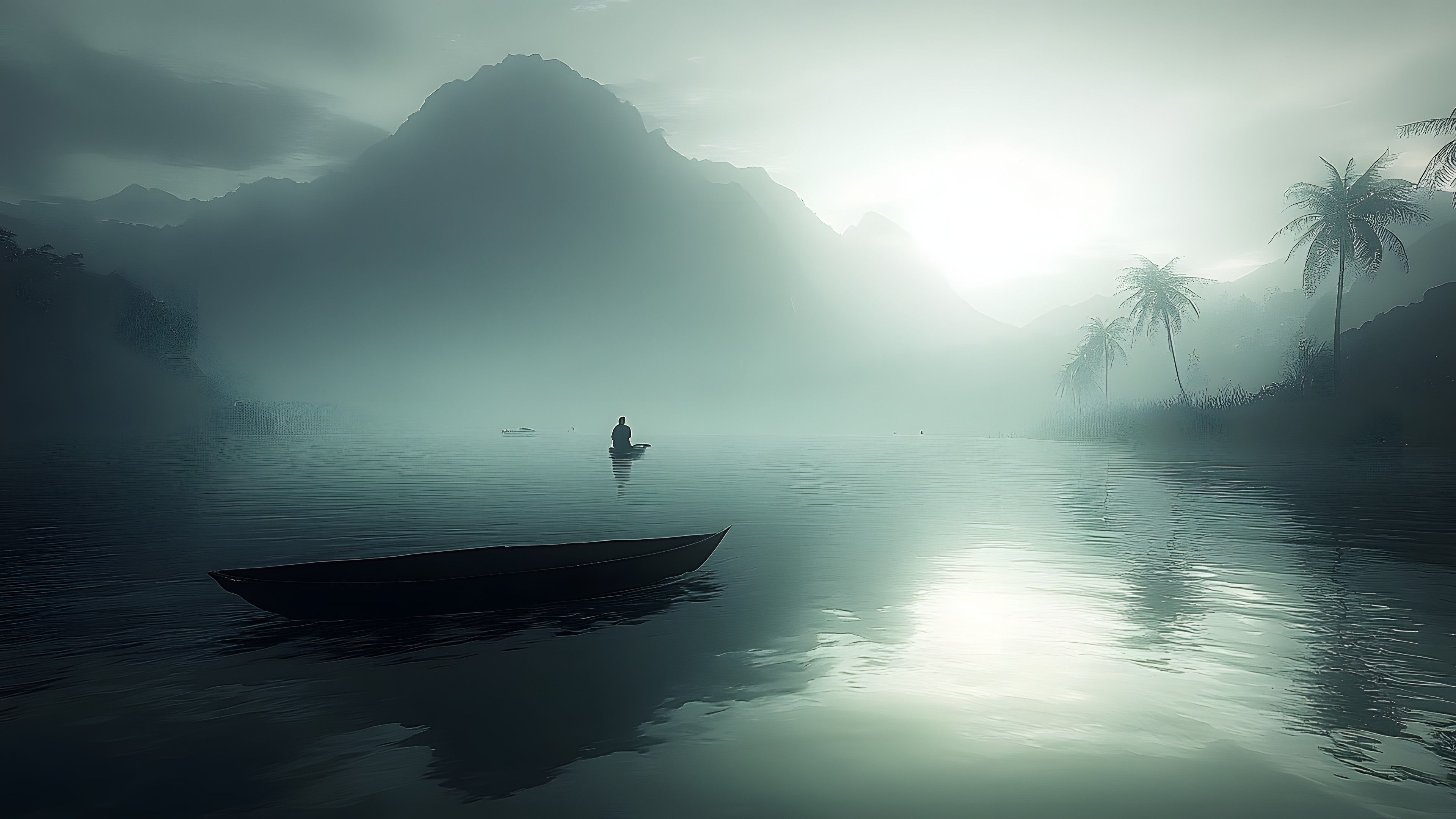 atmospheric phenomenon, Fog, Boat, Watercraft, Mist, Boats and boating--Equipment and supplies, Haze, Reflection, Boating, Ocean, Canoe, Canoeing, Paddle, Rowing, Wind, Evening, Dusk, Oar, Loch, Lake District