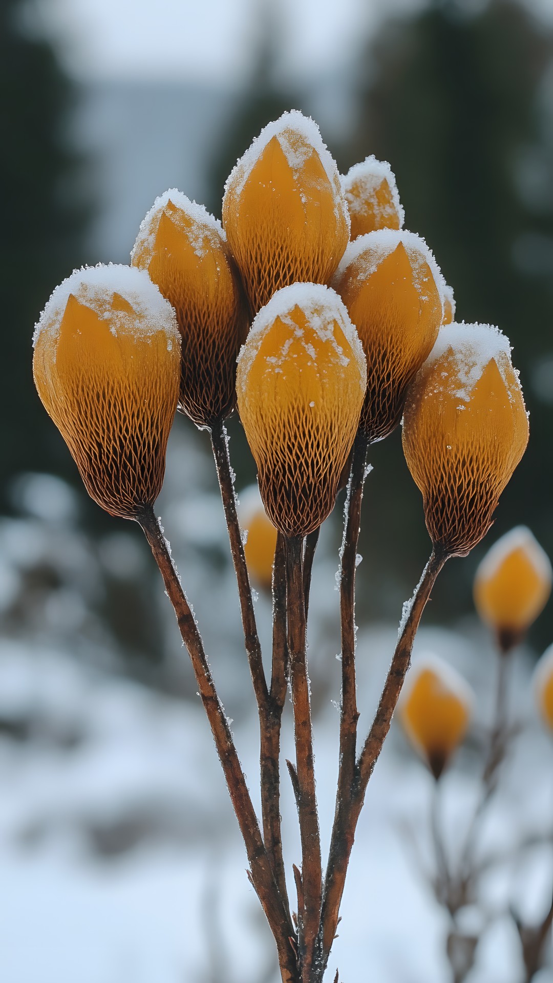 Yellow, Winter, Plant stem, Snow, Frost, Macro photography, Freezing