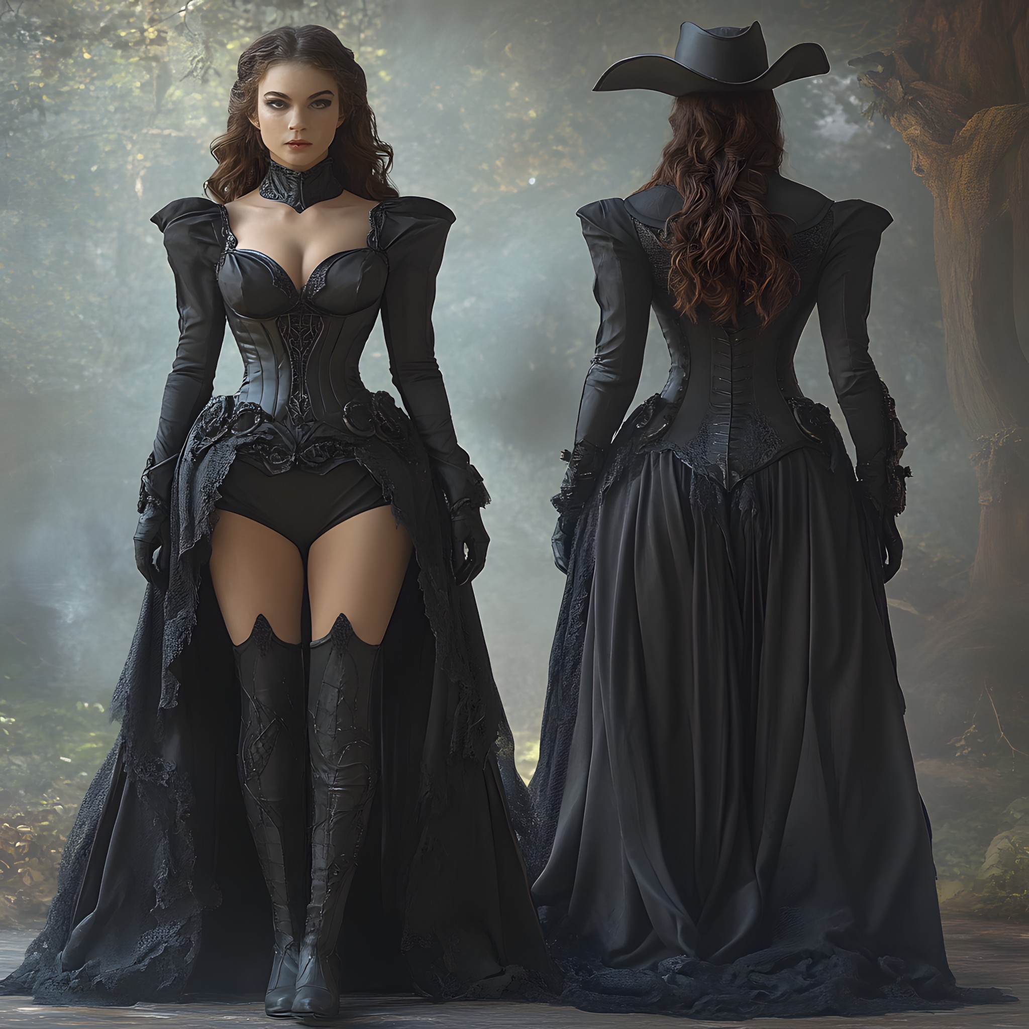 Fashion, Dress, Black, Costume, Gothic fashion, Gown, Fashion design, Victorian fashion, Costume design, Corset, Model, Haute couture, Glove, Goth subculture, Fictional character, Photo shoot, Fashion Model, Fashion illustration, CG artwork, Fetish model