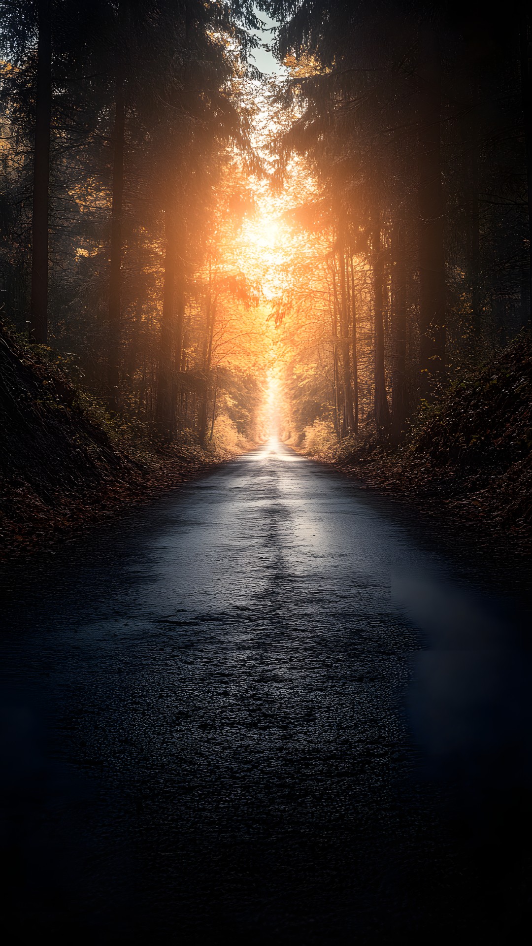 Nature, atmospheric phenomenon, Sun, Natural landscape, Road, Sunrise, Forest, Orange, Sunlight, Astronomical object, Heat, Trail, Evening, Morning, Sunset, Darkness, Lens flare, Woodland, Backlighting, Dusk