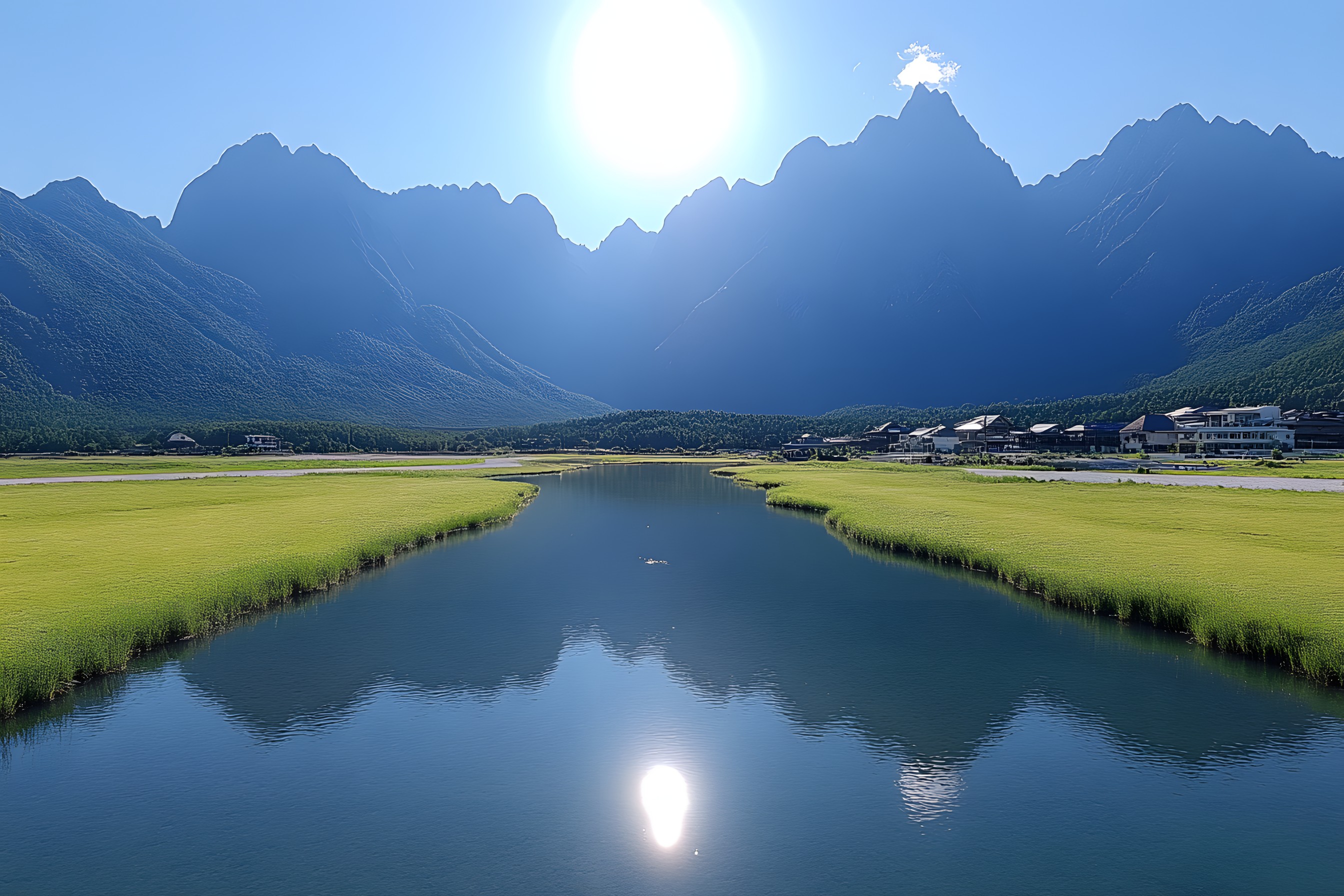 Mountain, Mountainous landforms, Water, Water resources, Body of water, Hill, Mountain range, Natural landscape, Highland, Watercourse, Bank, Reflection, Hill station, Lake, Valley, Ridge, River, Channel, Mountain river, Alps