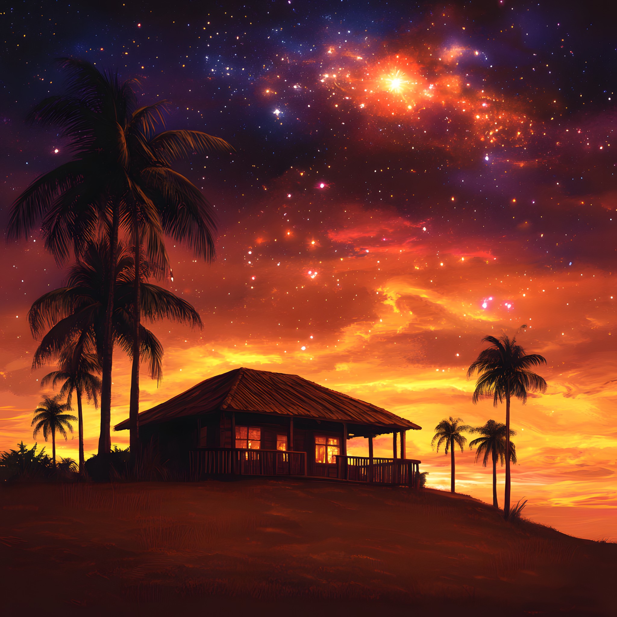 Orange, Afterglow, Dusk, Sunset, Evening, Red sky at morning, Astronomical object, Sunrise, Palm trees, Hut, Night, Star, Tropics, Dawn, Meteorological phenomenon, California palm, Babassu, Eco hotel, Moon, Caribbean