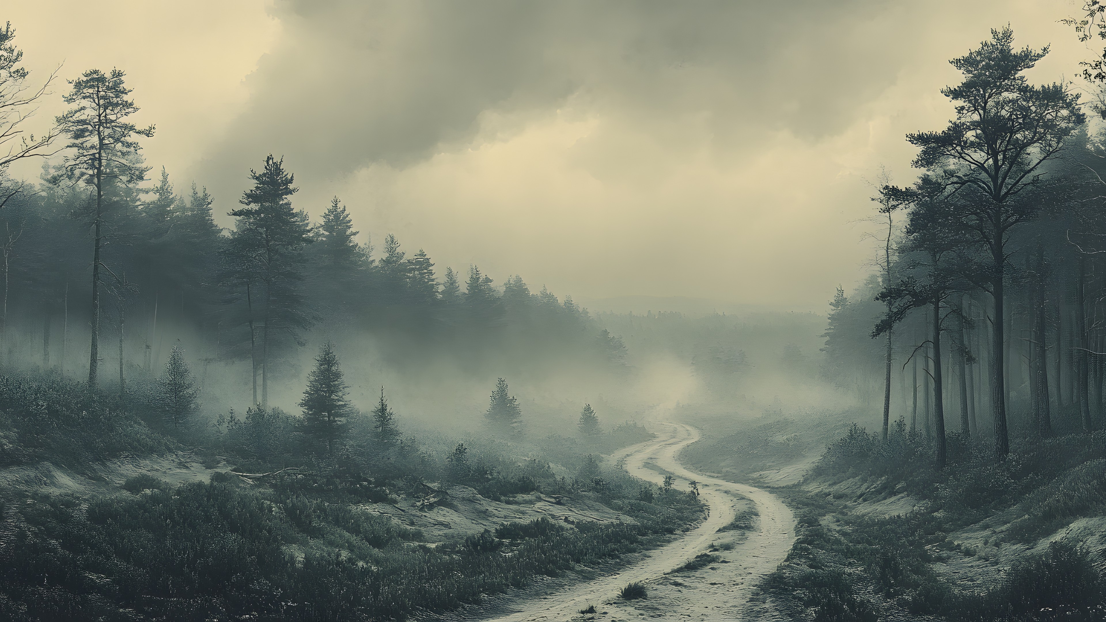 atmospheric phenomenon, Nature, Natural landscape, Fog, Forest, Mist, Road, Wilderness, Spruce-fir forests, Haze, Morning, Trail, Woodland, Old-growth forest, Jungle, Tropical and subtropical coniferous forests, Larch, Conifers, Wind, Fir