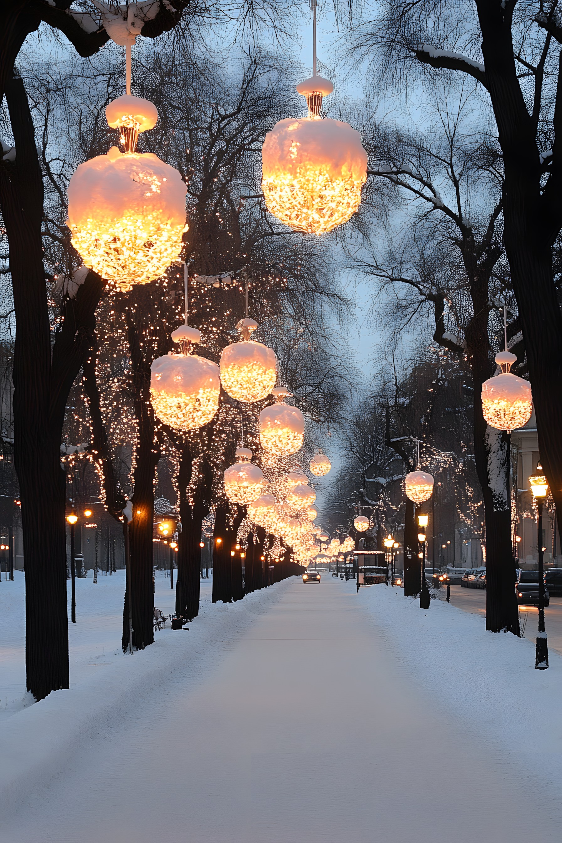 Branch, Winter, Lighting, Light fixture, Snow, Freezing, Twig, Street light, Electricity, Night, Sphere, Evening, Security lighting, Precipitation, Light Bulb, Christmas lights, Lantern, Landscape lighting