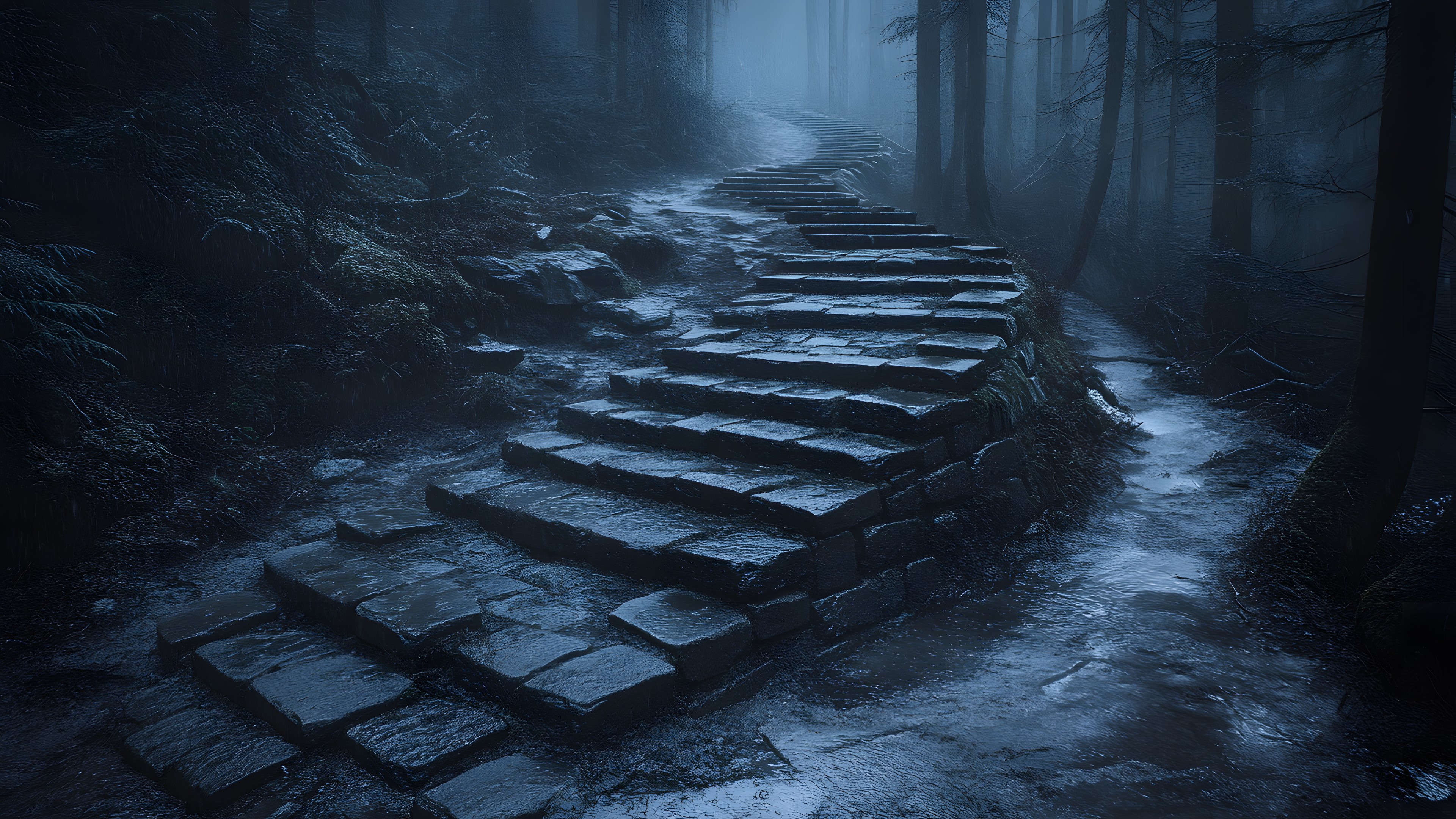 Stairs, atmospheric phenomenon, Mist, Forest, Fog, Trail, Haze, Woodland, Old-growth forest, Jungle, Winter