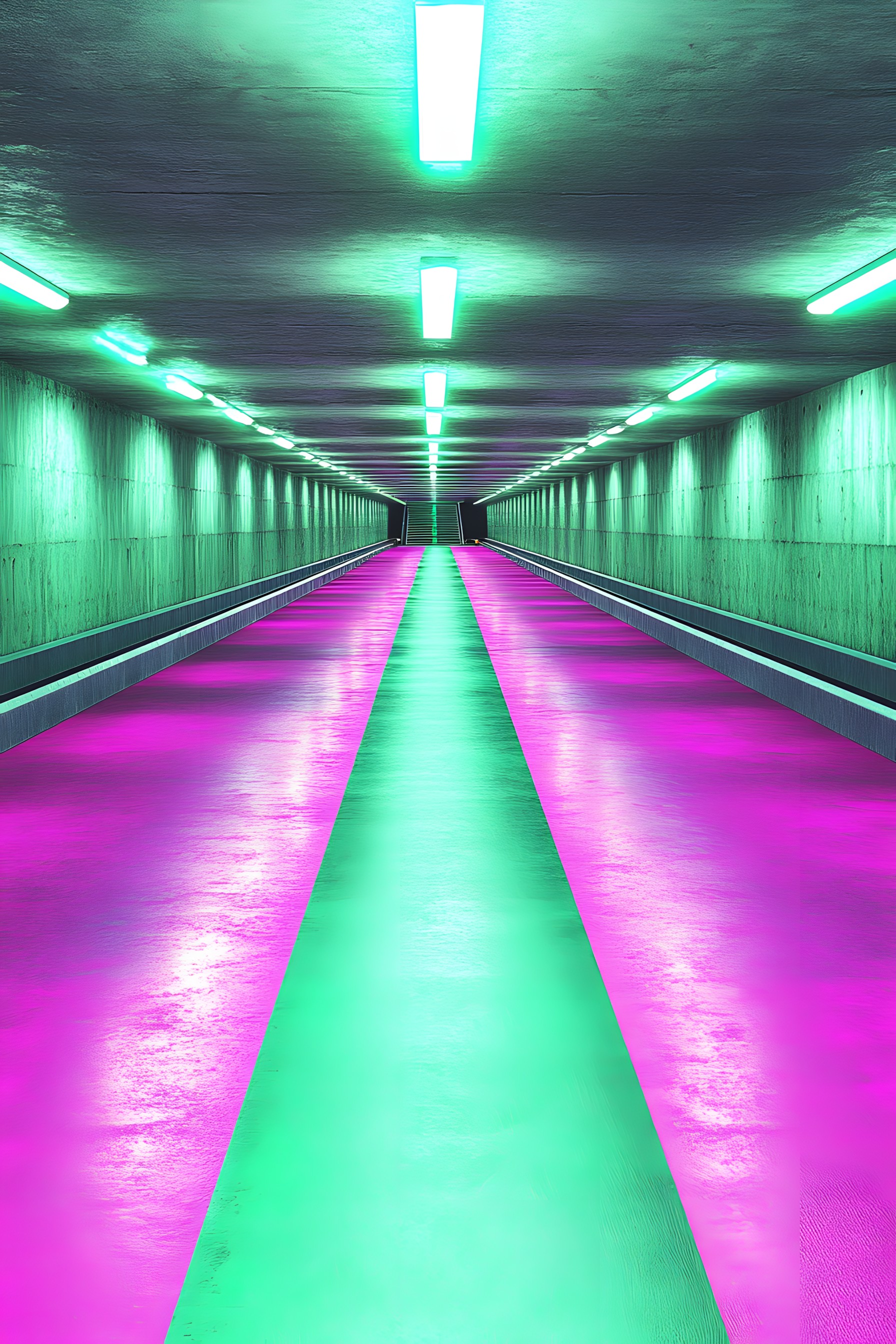 Purple, Subway, Walkway, Paint, Fluorescent lamp, Tunnel