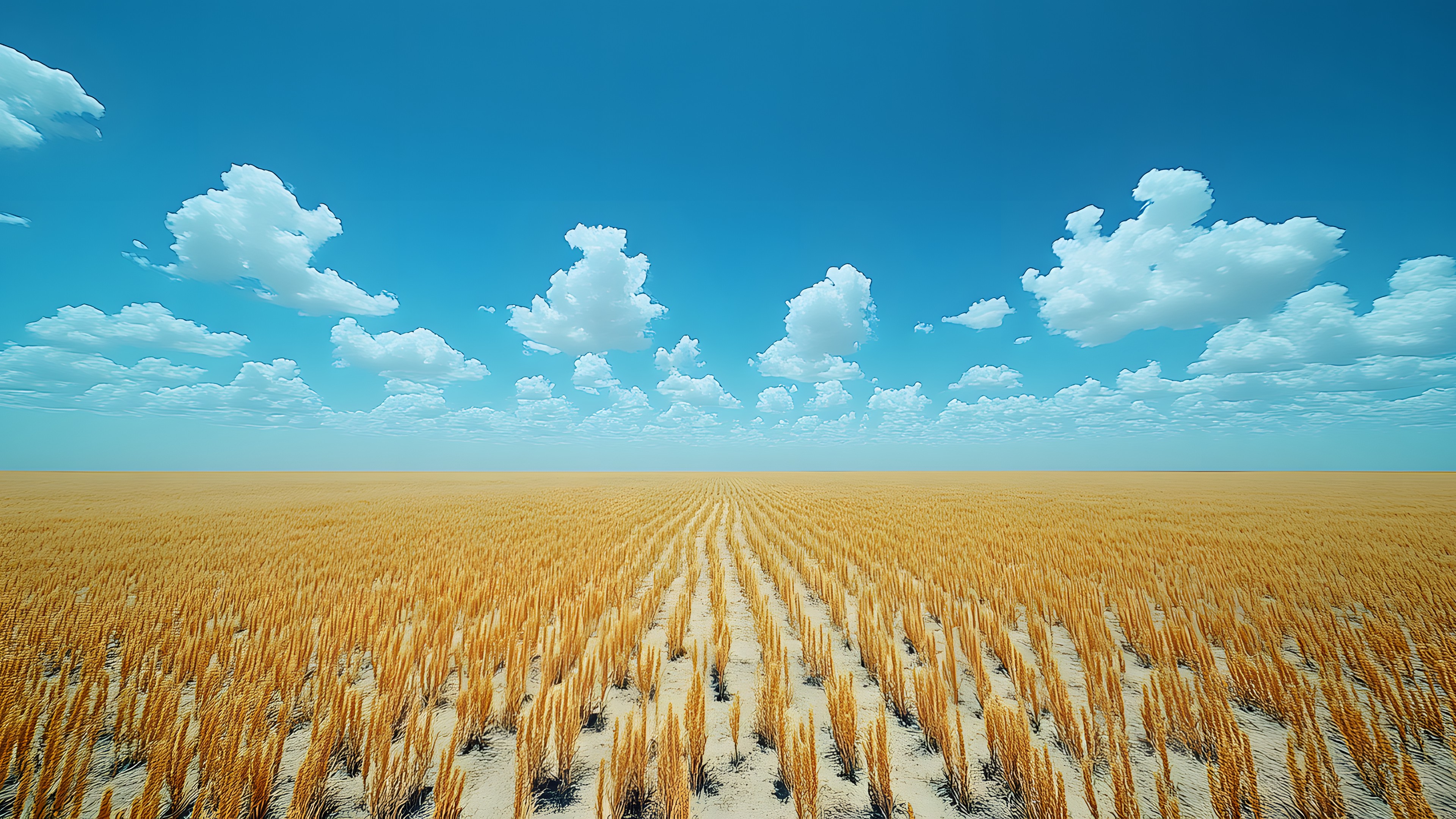 Sky, Blue, Cloud, Daytime, Cumulus, Field, Agriculture, Yellow, Horizon, Ecoregion, Crop, Plain, Grasses, Prairie, Wheat, Plantation, Meteorological phenomenon, Sunlight, Whole grain, Cereal