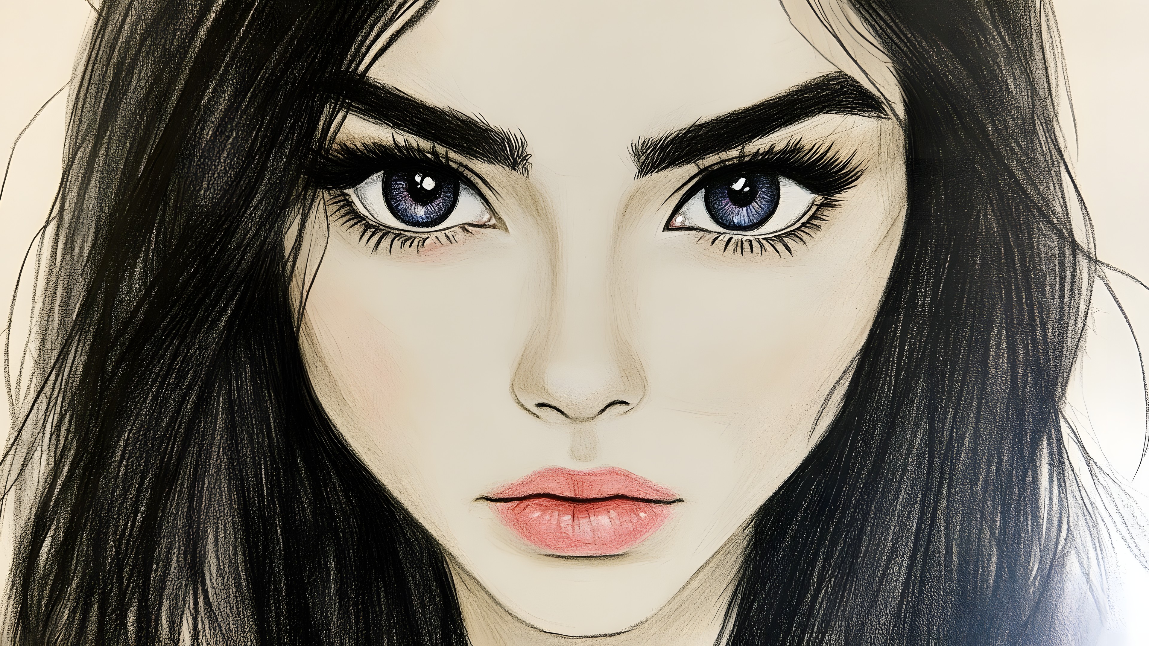 Eyebrow, Lips, Eyelash, Hairstyle, Black hair, Facial expression, Iris, Drawing, Portrait, Illustration, Long hair, Eye liner, Lipstick, No expression, Eye shadow, Paint, Eyelash extensions, Sketch, Design, Cosmetics