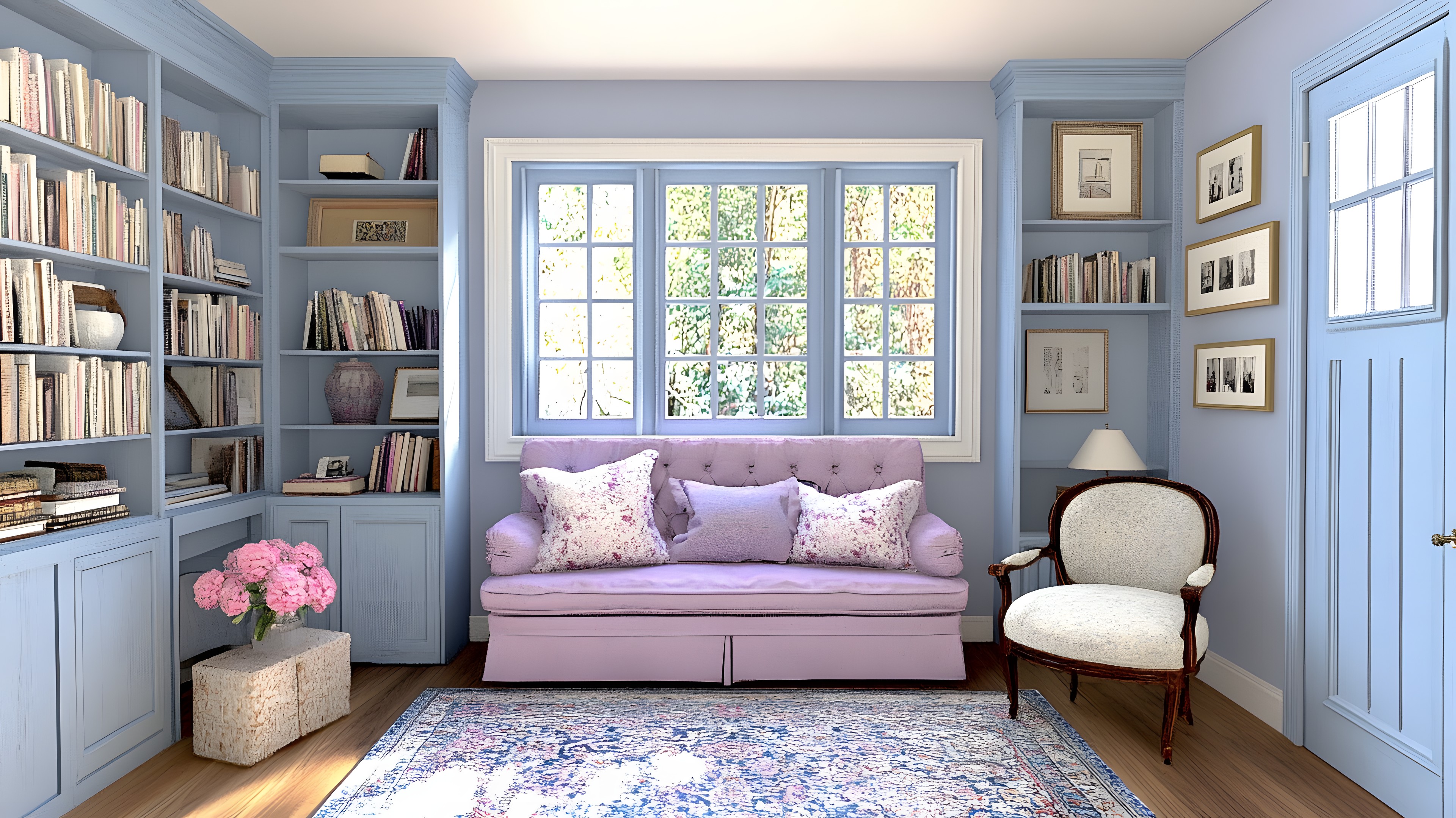 Furniture, Property, Blue, Azure, Purple, Comfort, Architecture, Interior design, Wood, Flower, Floor, Shade, Window, Living room, Flooring, Wall, Real estate, Decoration, Hardwood, Plant