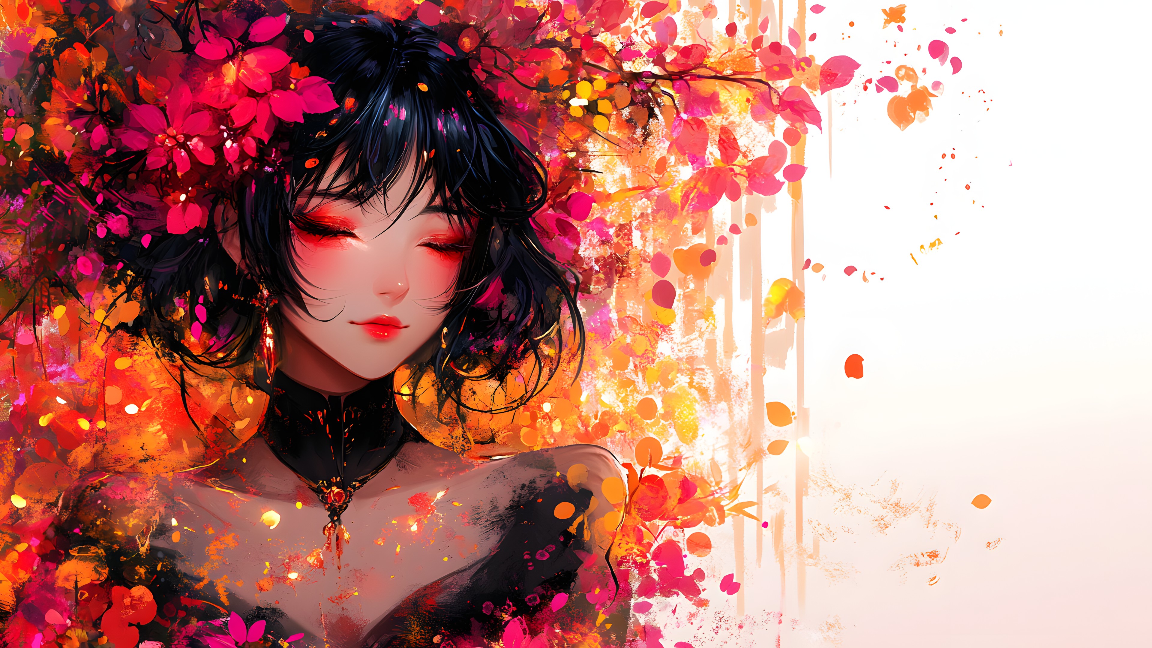 Red, Black hair, CG artwork, Petal, Animation, Graphics, Hime cut, Animated cartoon, Anime, Fictional character, Bangs, Graphic design