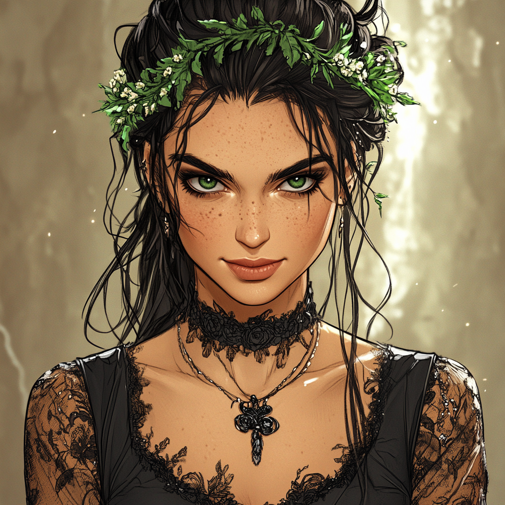 Hairstyle, Black hair, Fashion, Beauty, Eyelash, CG artwork, Long hair, Goth subculture, Gothic fashion, Step cutting, Fashion Model, Headpiece, Animation, Fictional character, Makeover, Model, Portrait, Feathered hair, Eye shadow, Earring