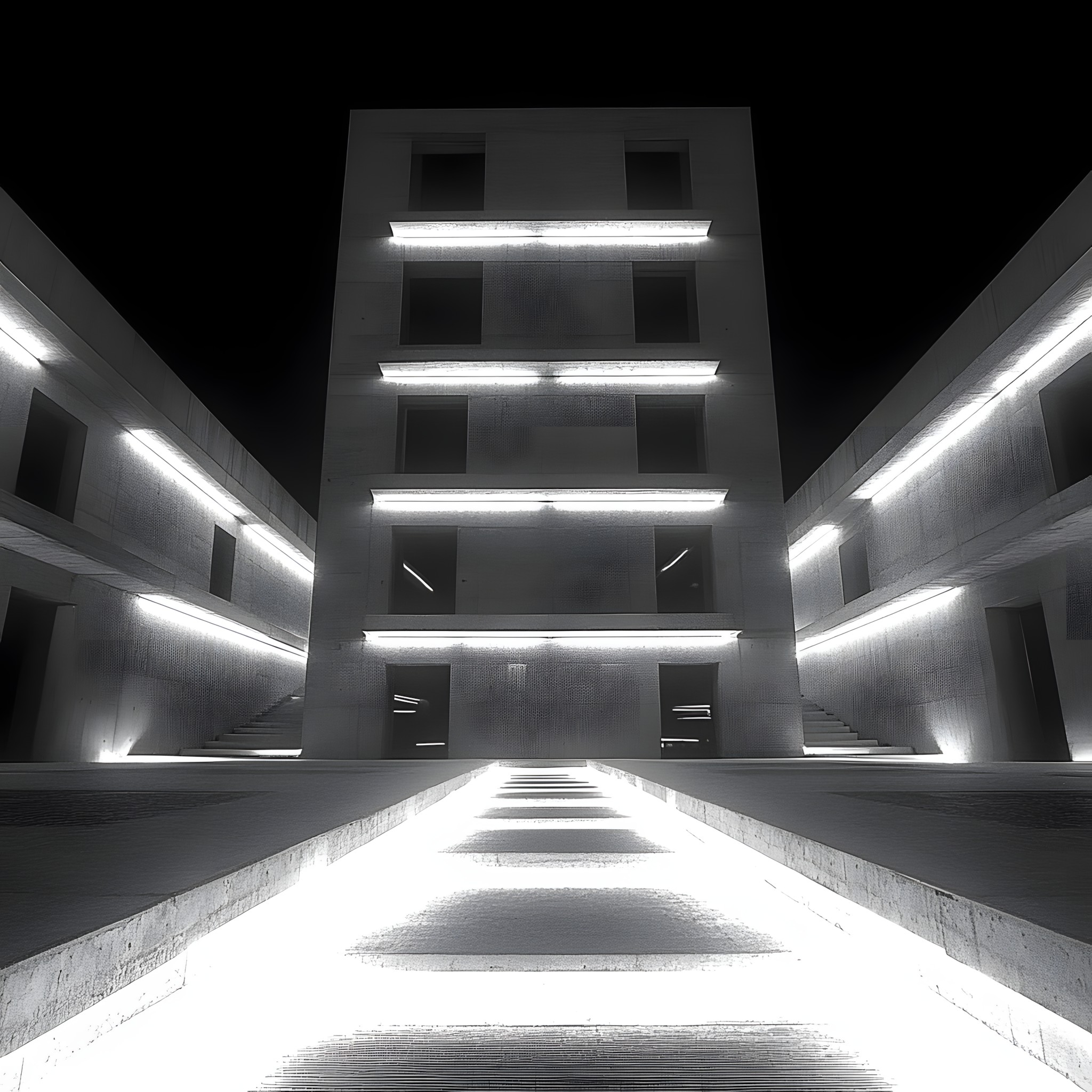 Monochrome, Concrete, Silver, Symmetry, Night, Brutalist architecture, Daylighting