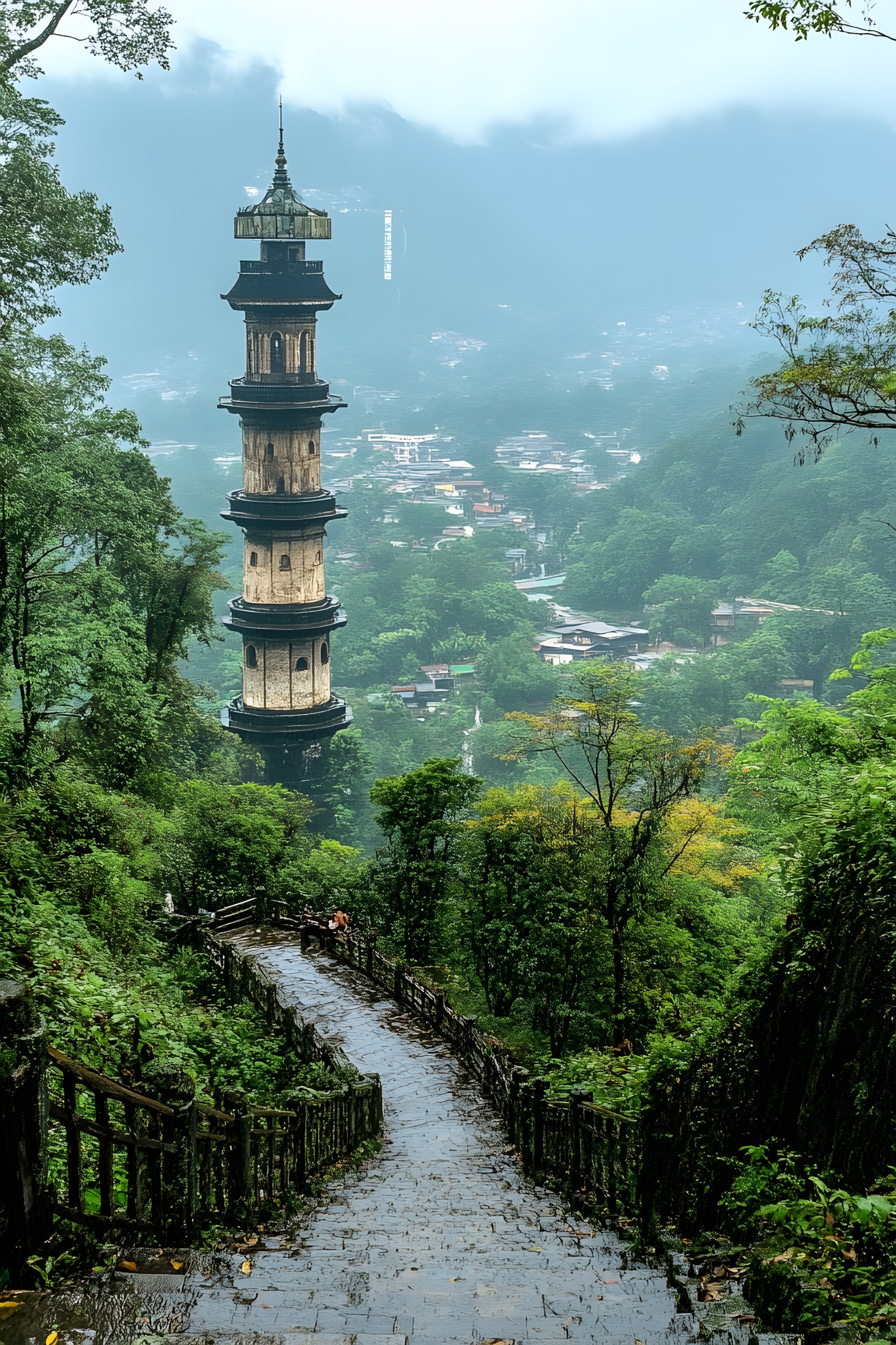 Tower, Hill station, Tourist attraction, Pagoda, Finial, Temple, Chinese architecture, Japanese architecture, Mist