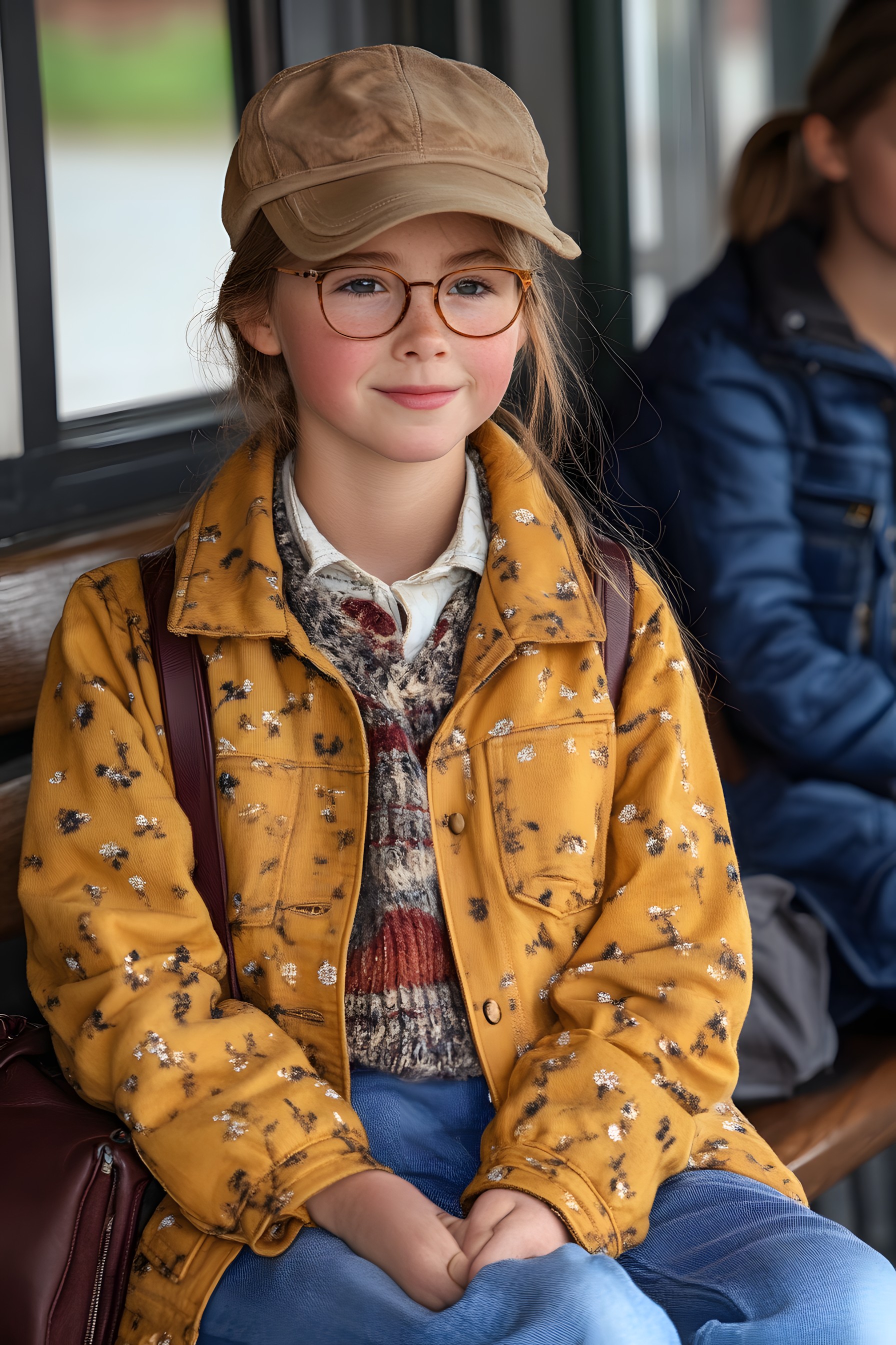 Clothing, Sleeve, Collar, Outerwear, Fashion, Jacket, Happiness, Smile, Denim, Brown hair, Child, Blond, Child model, Winter, Pocket, Button, Portrait photography, Photo shoot, Woolen