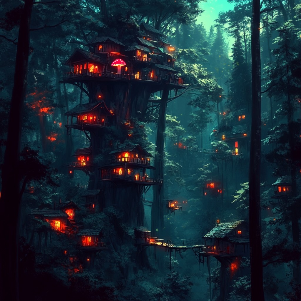 Tree house, Night, Jungle, Old-growth forest