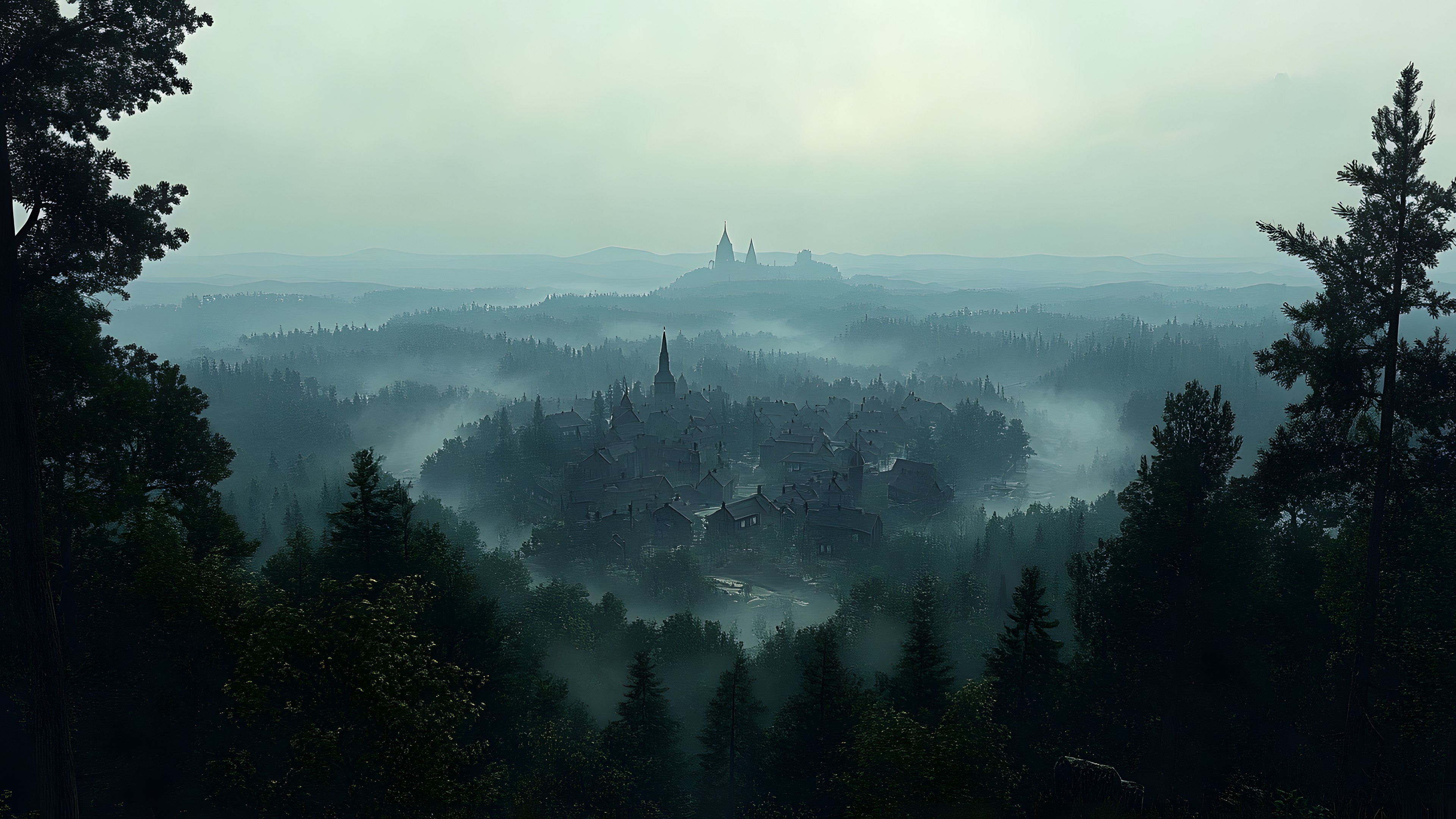 Nature, atmospheric phenomenon, Mist, Forest, Hill station, Haze, Morning, Fog, Spire, Spruce-fir forests, Jungle, Steeple, Larch, Old-growth forest, Tropical and subtropical coniferous forests, Temperate broadleaf and mixed forest, Conifers, Turret, Evening, Evergreen