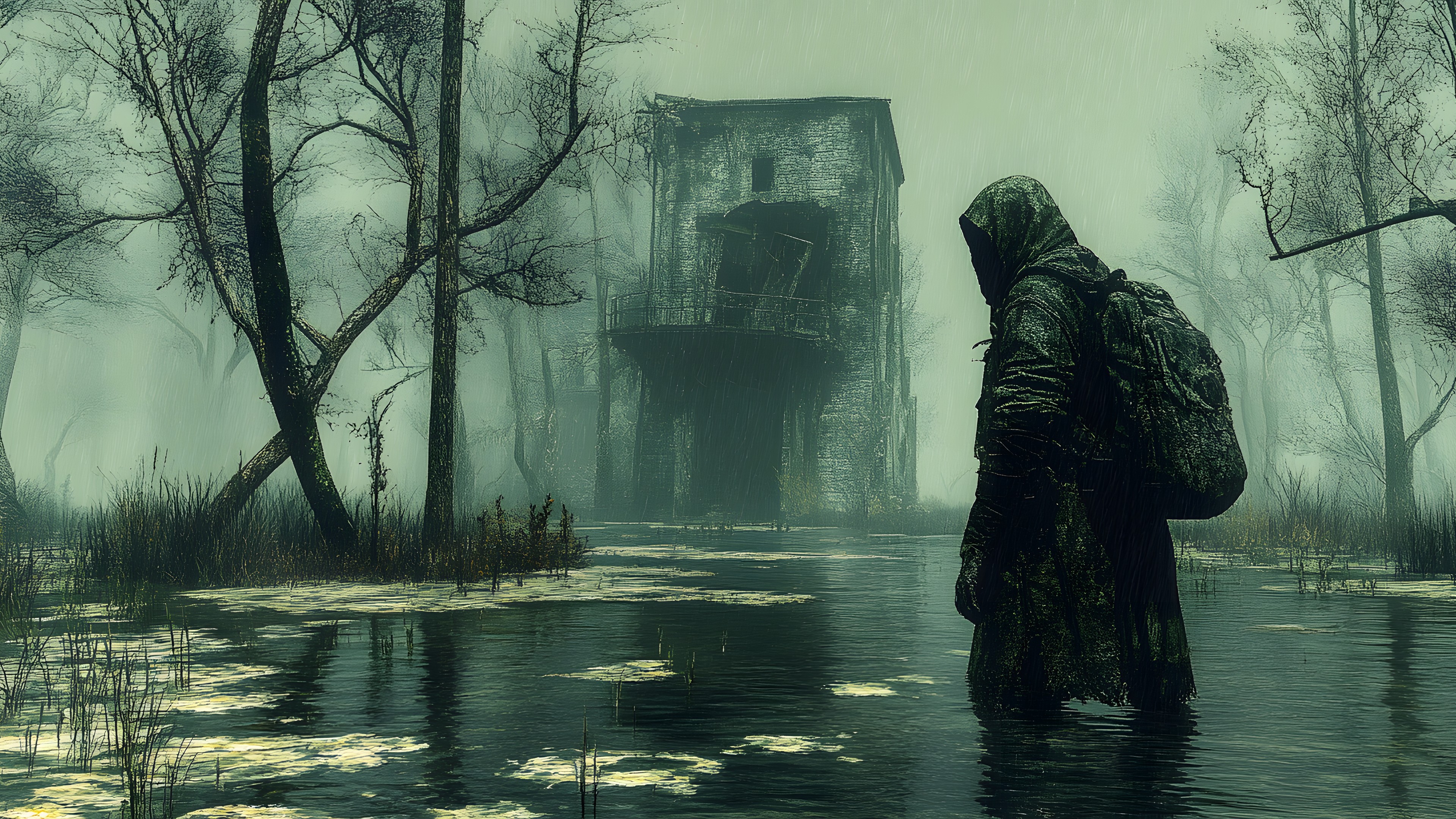 atmospheric phenomenon, Swamp, Wetland, Mist, Reflection, Bayou, Fog, Haze, Digital compositing, Woodland, Rain, Old-growth forest, Flood, Fictional character, Floodplain