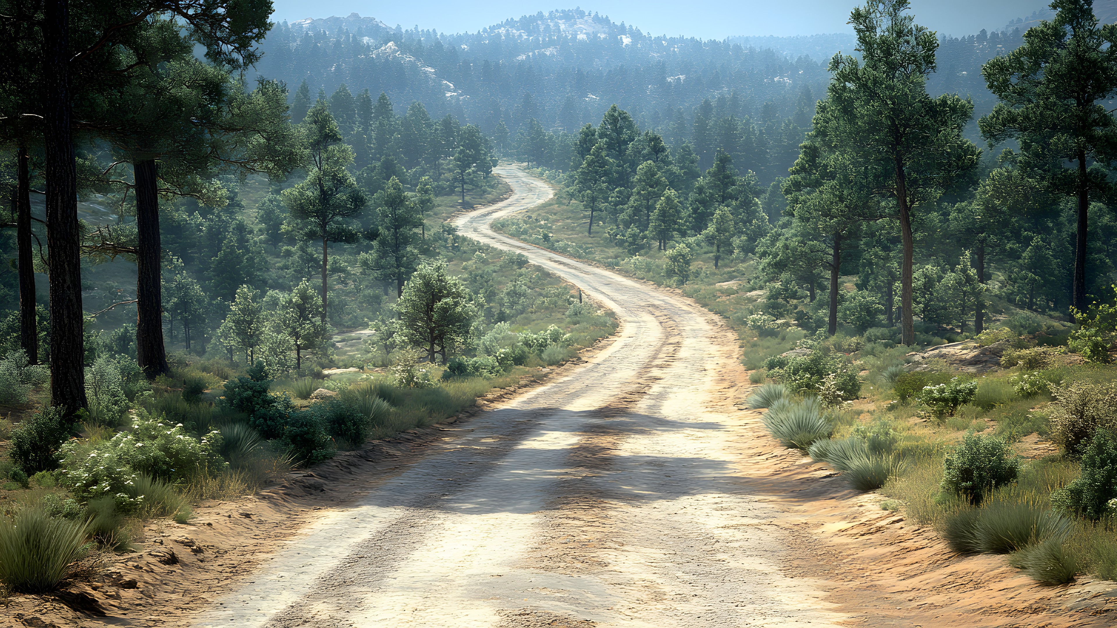 Road, Thoroughfare, Forest, Dirt road, Trail, Spruce-fir forests, Mountain pass, Valley, Chaparral, Conifers, Jungle, Shrubland, Tropical and subtropical coniferous forests, Woodland, Evergreen, Fir, Old-growth forest, Pine family, Pine, Temperate broadleaf and mixed forest