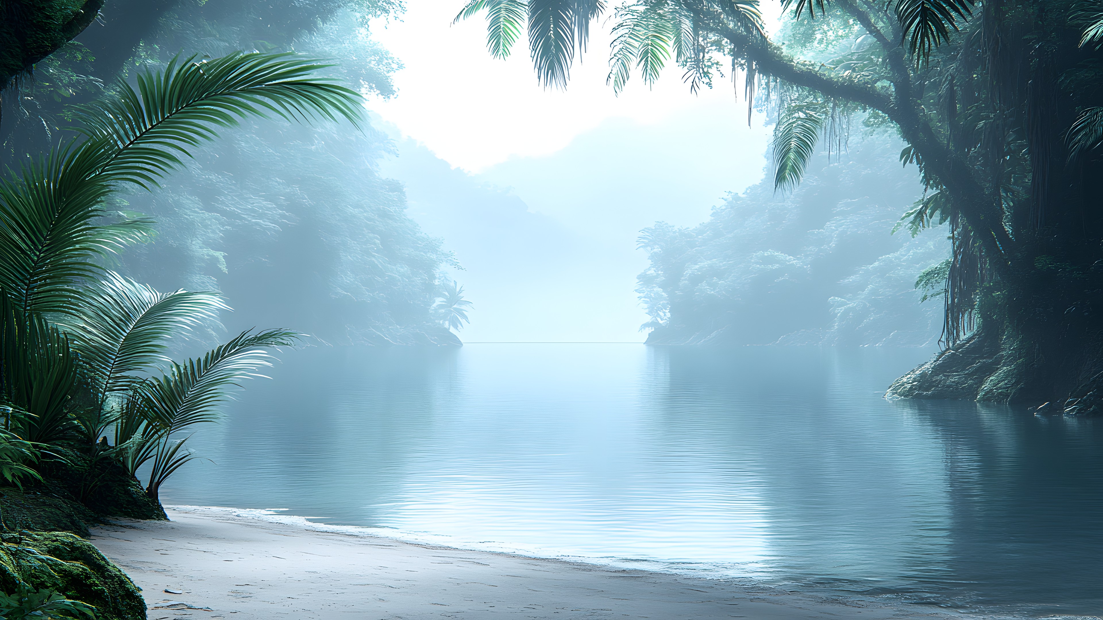 Water, Body of water, Nature, atmospheric phenomenon, Natural landscape, Watercourse, Reflection, Forest, Fog, Mist, Jungle, Lake, River, Sunlight, Fluvial landforms of streams, Rainforest, Palm trees, Tropics, Mountain river, Spring