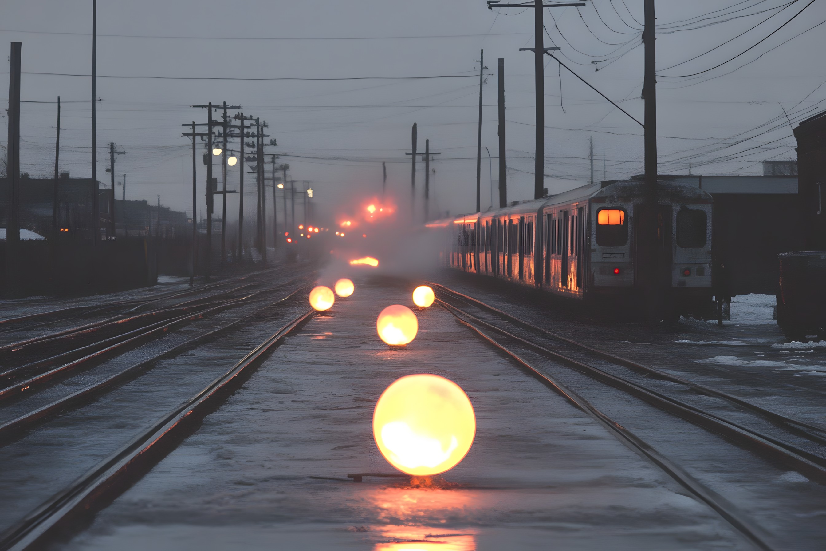 Sky, Mode of transport, Overhead power line, Electricity, Transport, Electrical Supply, Track, Electrical network, atmospheric phenomenon, Rail transport, Wire, Public utility, Train, Electrical cable, Evening, Morning, Dusk, Iron, Rolling stock, Railroad car