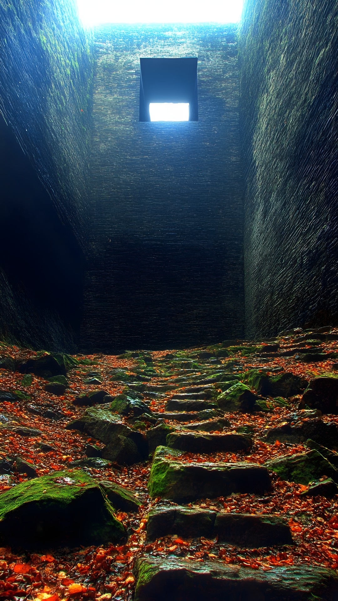 Stone wall, Shadow, Stairs, Moss