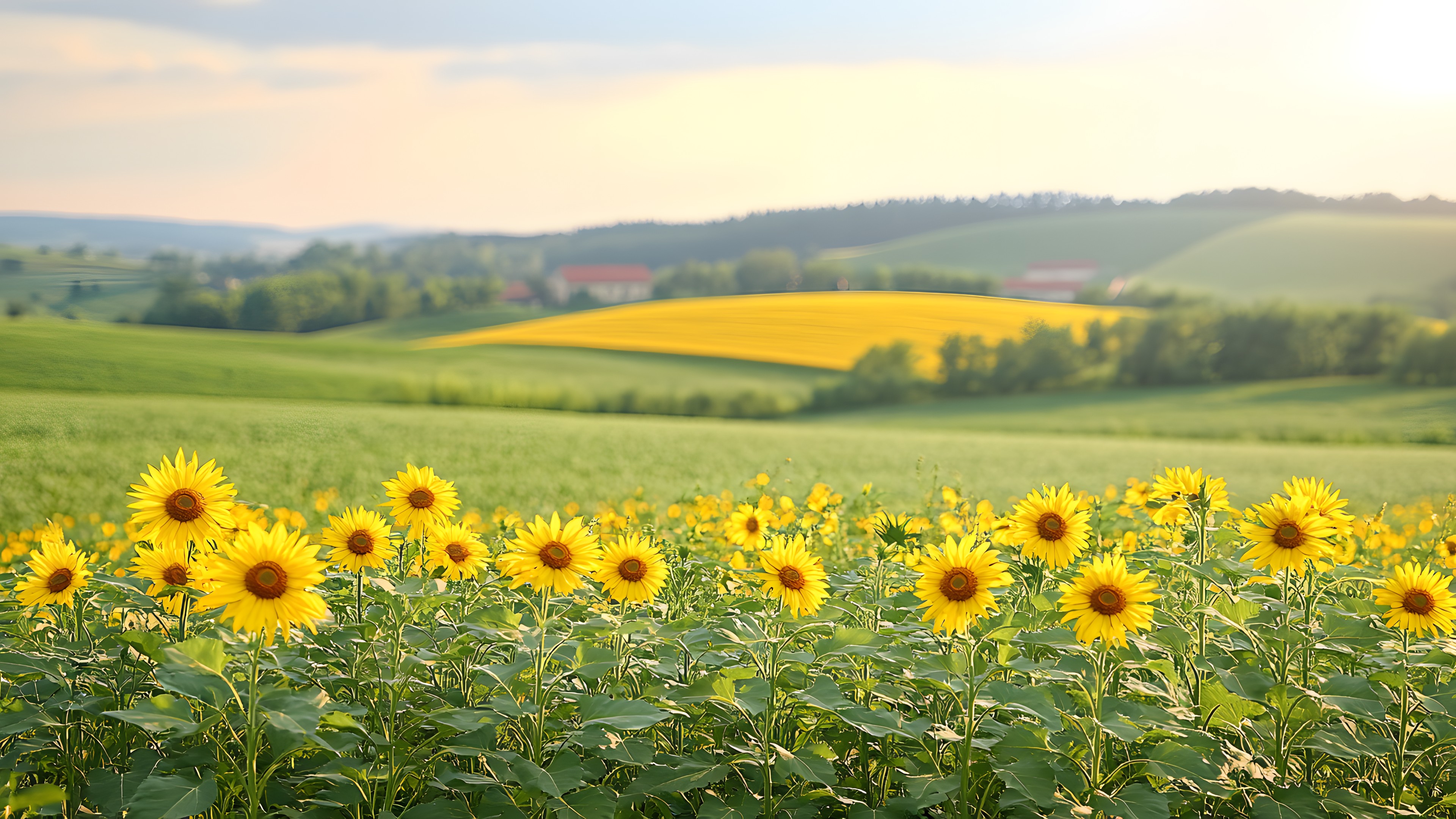 Flower, Yellow, Green, Petal, Common sunflower, Plants, Field, Agriculture, Plantation, Flowering plant, Meadow, Spring, Wildflower, Prairie, Herbaceous plant, Plant stem, Sunflowers, Farm, Forb, Crop