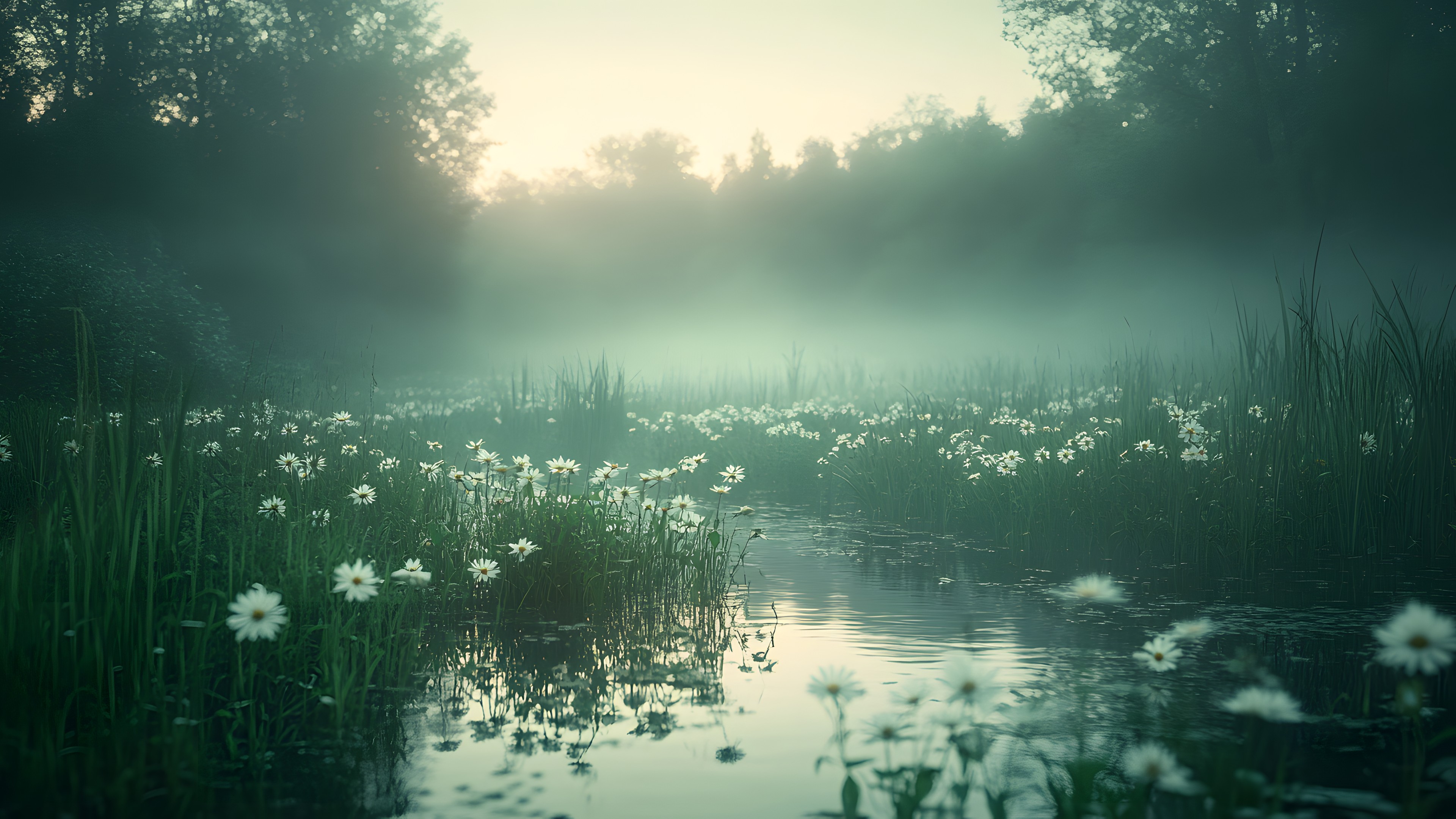 Green, atmospheric phenomenon, Mist, Fog, Morning, Sunlight, Wetland, Haze, Reflection, Herbaceous plant, Wildflower, Sunrise, Lens flare, Pond, Bog, Marsh, Lacustrine plain, Backlighting