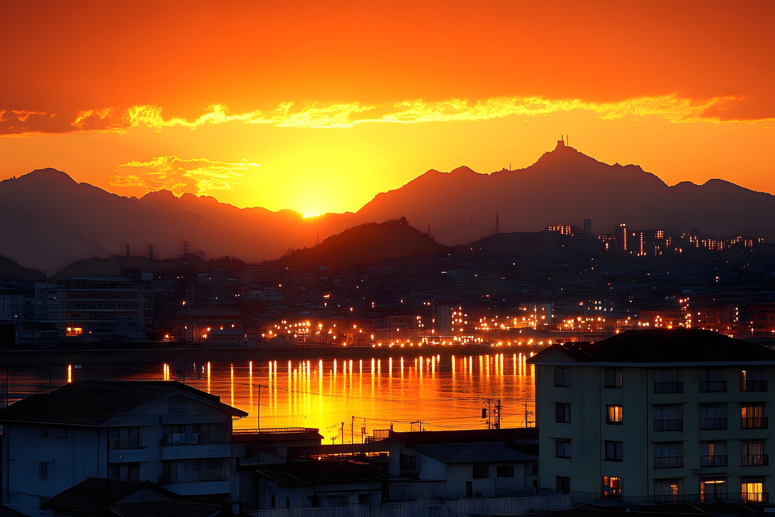 Sky, Mountainous landforms, Afterglow, Horizon, Orange, Dusk, Mountain, Sunset, Hill, Sunrise, Evening, Landscape, Red sky at morning, Mountain range, Lake, Morning, Sunlight, Hill station, Dawn, Ridge