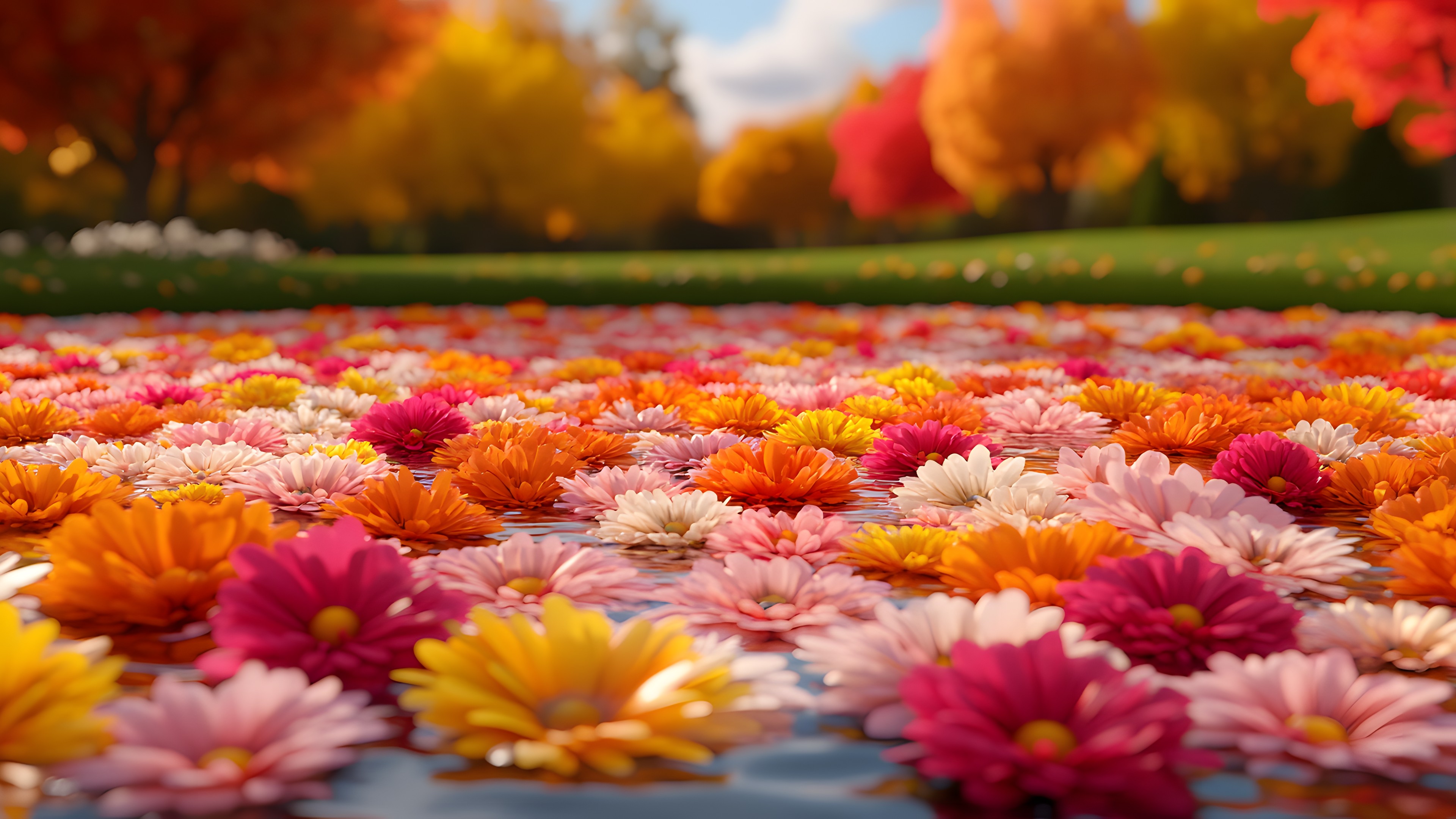 Flower, Plant, Daytime, Light, Petal, Sky, Botany, Orange, Grass, Sunlight, Yellow, Natural landscape, Summer, Magenta, Landscape, Flowering plant, Groundcover, Meadow, Annual plant, Field