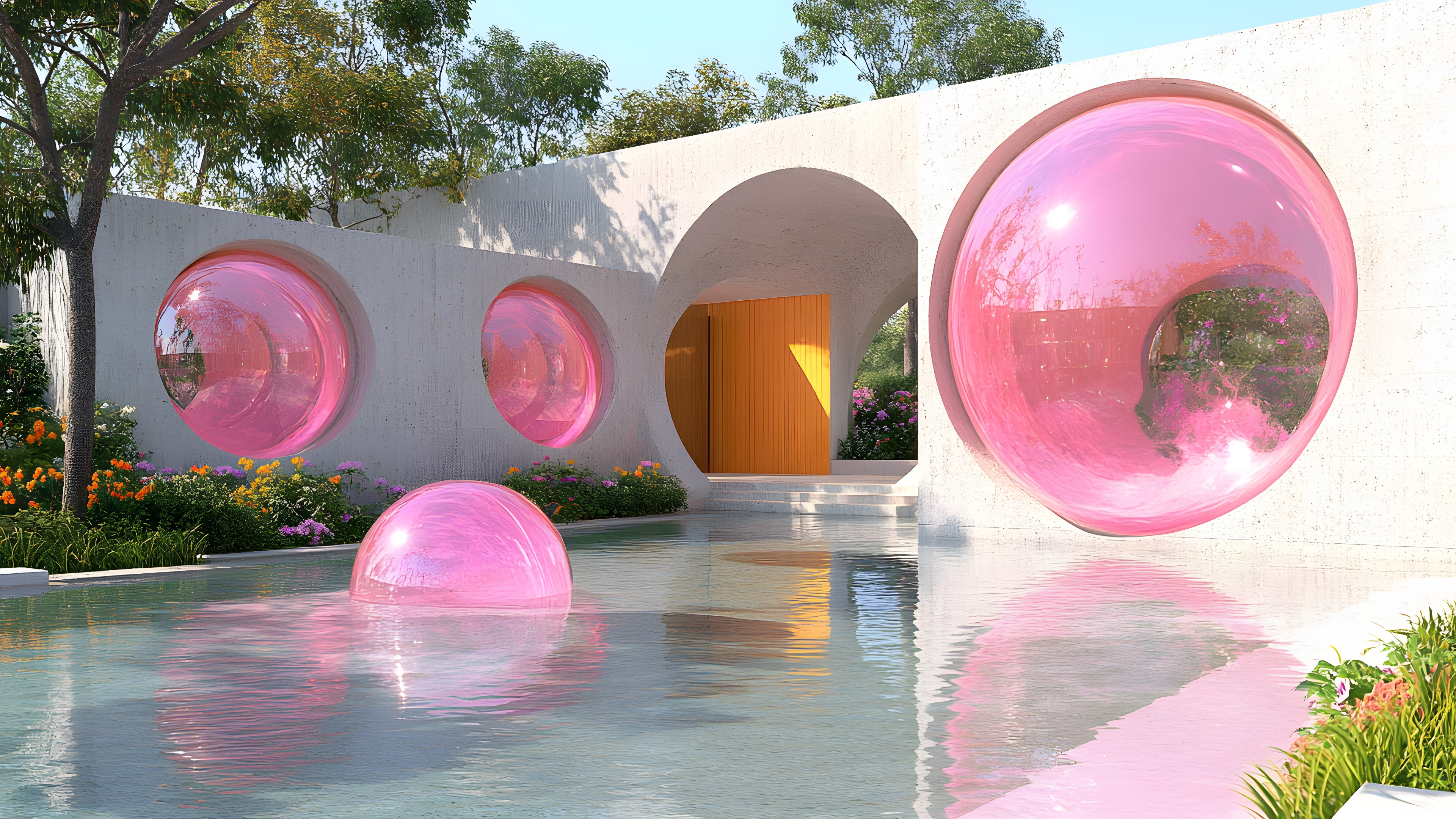 Pink, Garden, Design, Park, Hacienda, Sphere, Pavilion, Eco hotel, Water feature