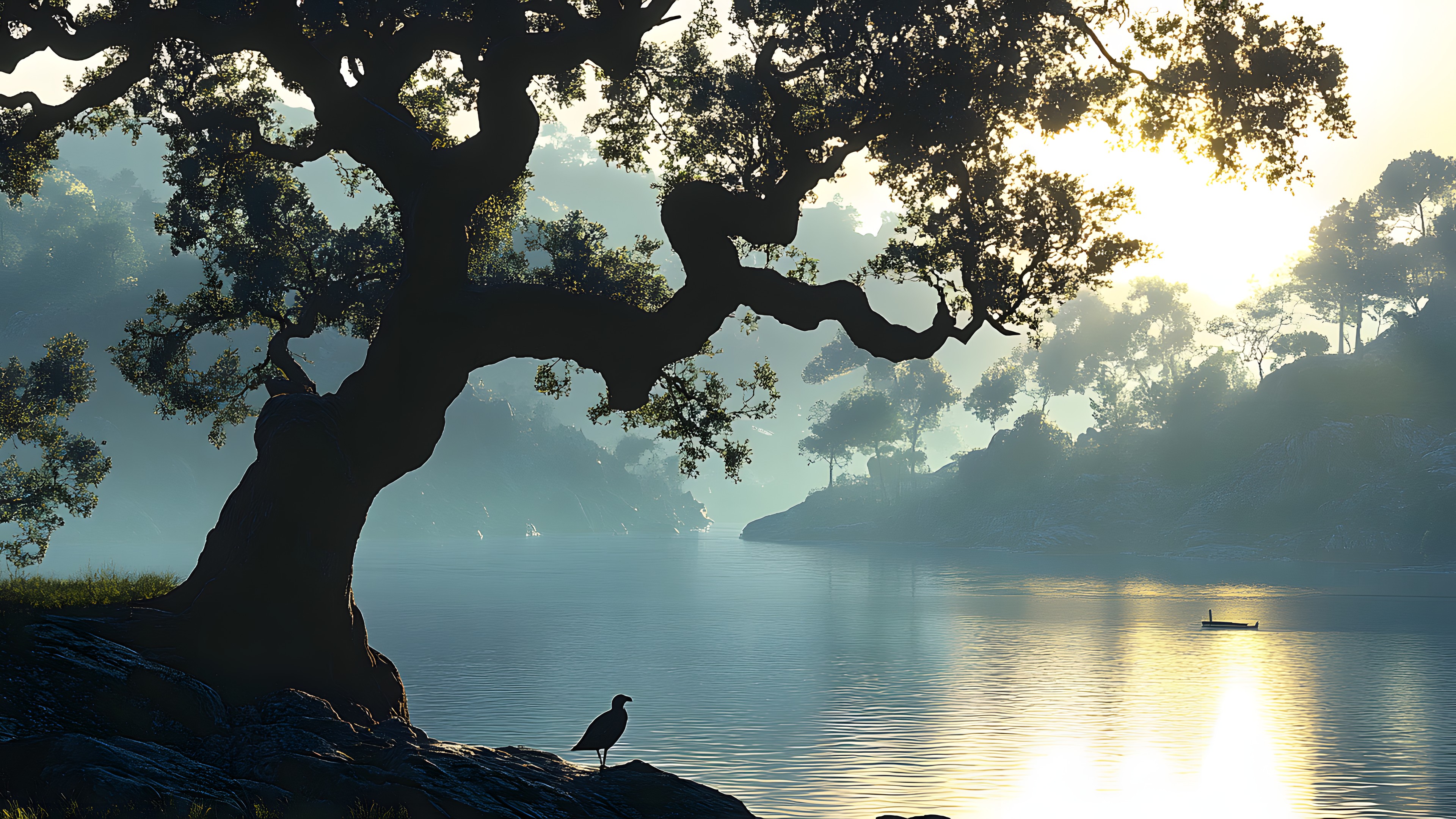 Water, Tree, Nature, Branch, Natural landscape, atmospheric phenomenon, Watercourse, Bank, Lake, Reflection, Trunk, River, Sunlight, Morning, Twig, Forest, Fluvial landforms of streams, Loch, Reservoir, Lake District
