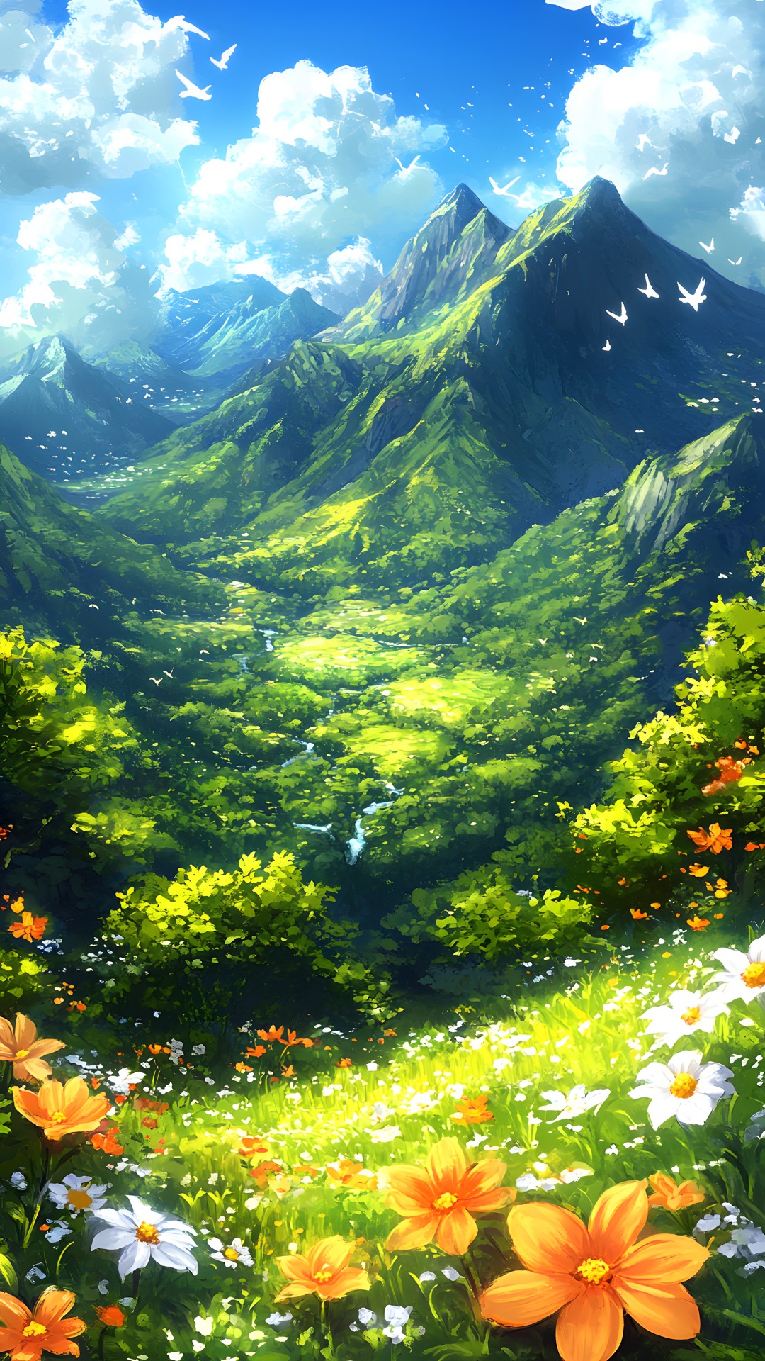 Nature, Natural landscape, Forest, Meadow, Sunlight, Valley, Wildflower, Jungle, Herbaceous plant, Animation, Acrylic paint, Watercolor painting, Animated cartoon, Mount Scenery