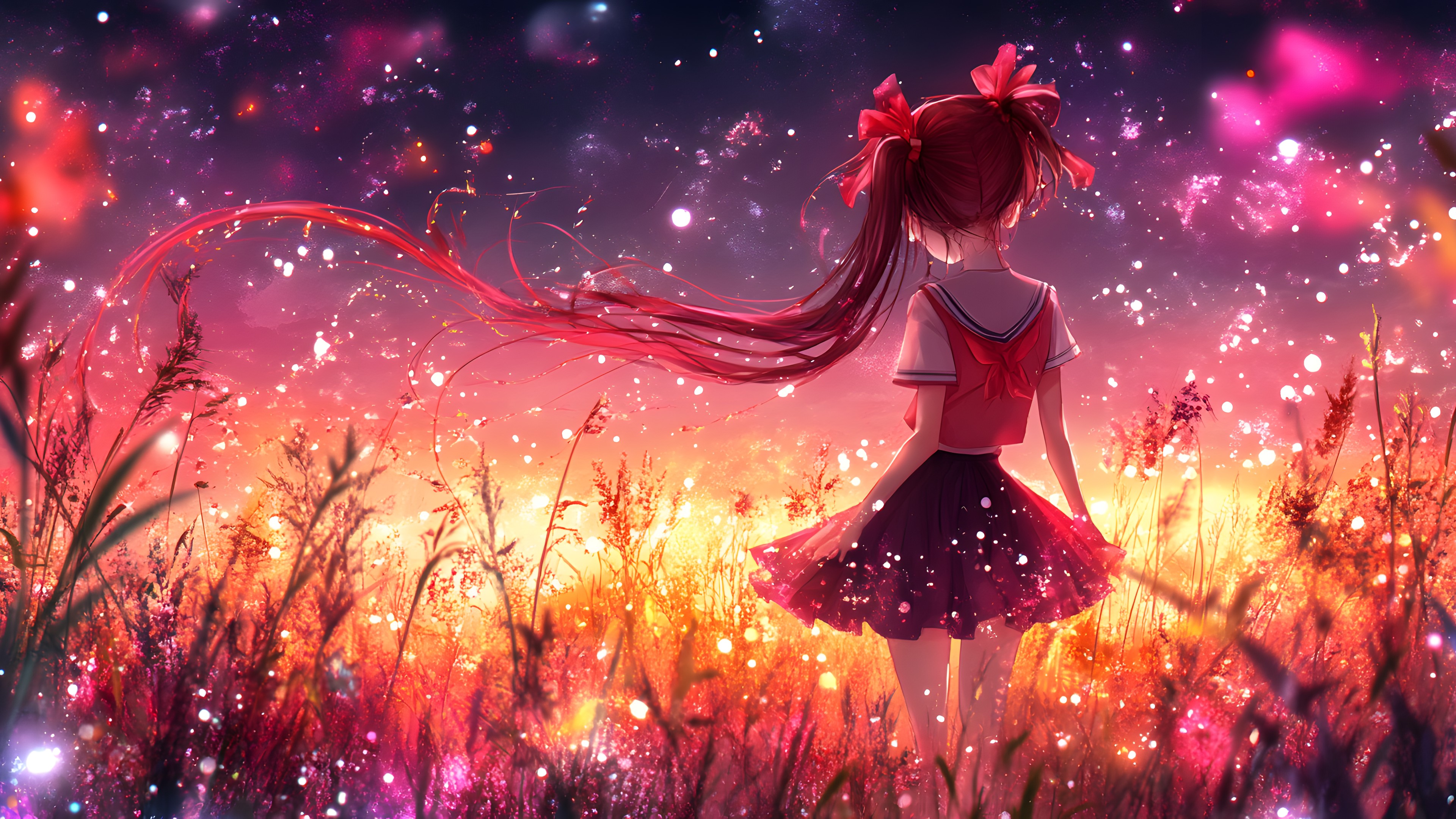 Red, Pink, Cartoon, CG artwork, Animation, Fictional character, Long hair, Anime, Hime cut, Red hair, Star, Red sky at morning, Night, Graphics, Animated cartoon, Fiction, Love