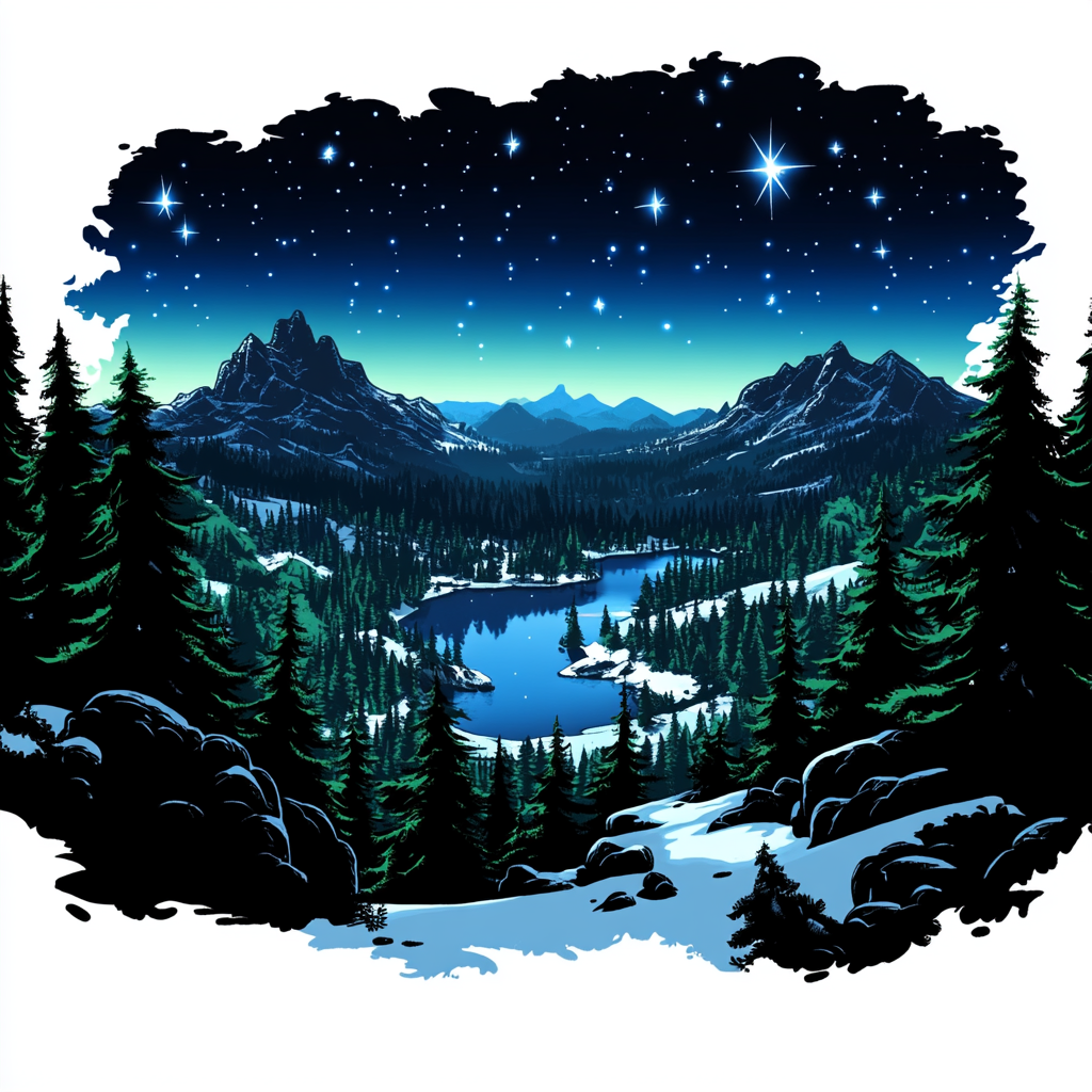 Mountainous landforms, Mountain, Natural landscape, Hill, Forest, Mountain range, Winter, Spruce-fir forests, Hill station, Larch, Astronomical object, Mountain river, Valley, Black spruce, Moonlight, Glacial landform, Alps, Evergreen, Summit, Snow