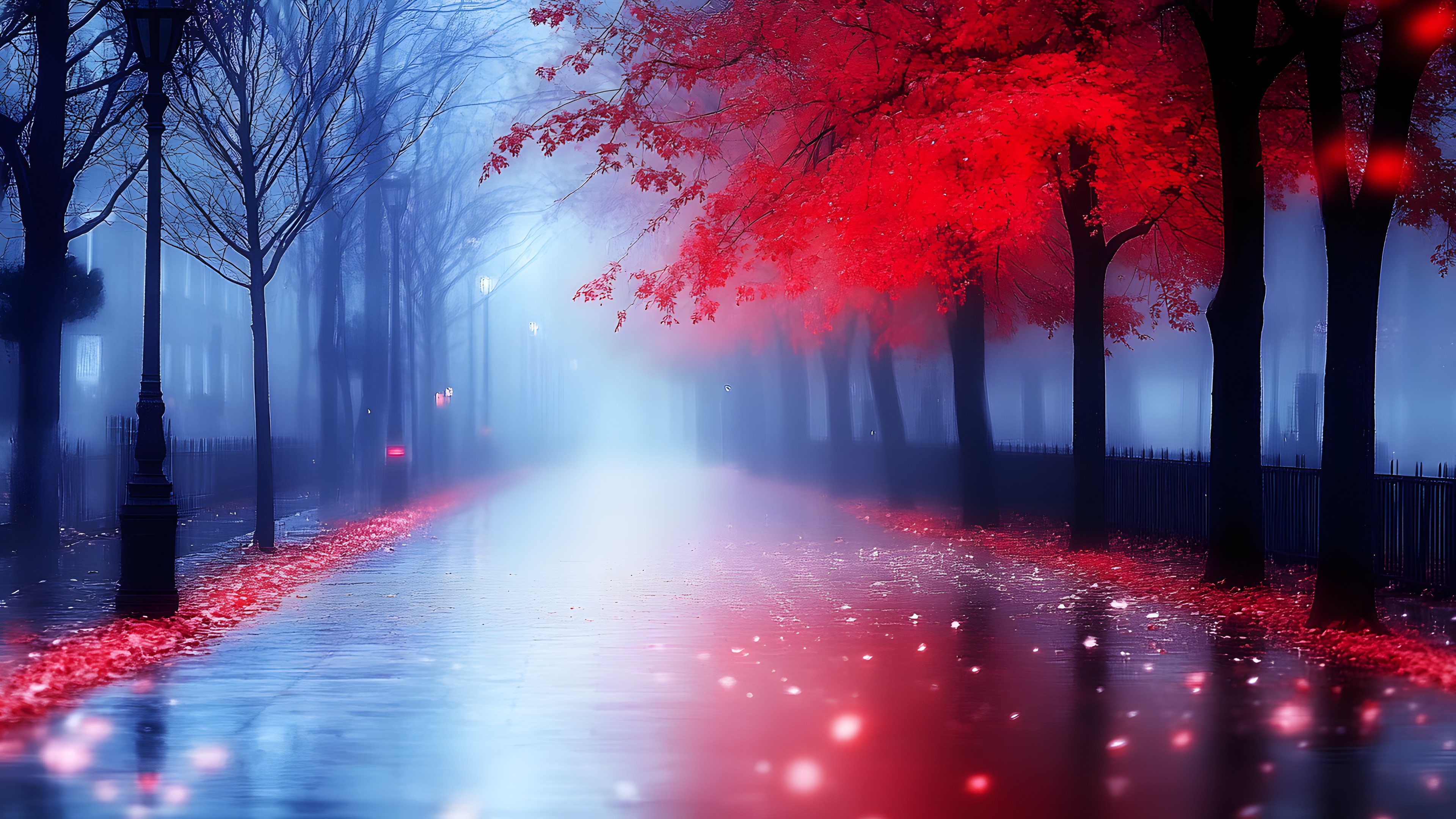 Red, Nature, Branch, atmospheric phenomenon, Road, Forest, Mist, Winter, Night, Evening, Fog, Precipitation, Autumn, Haze, Old-growth forest