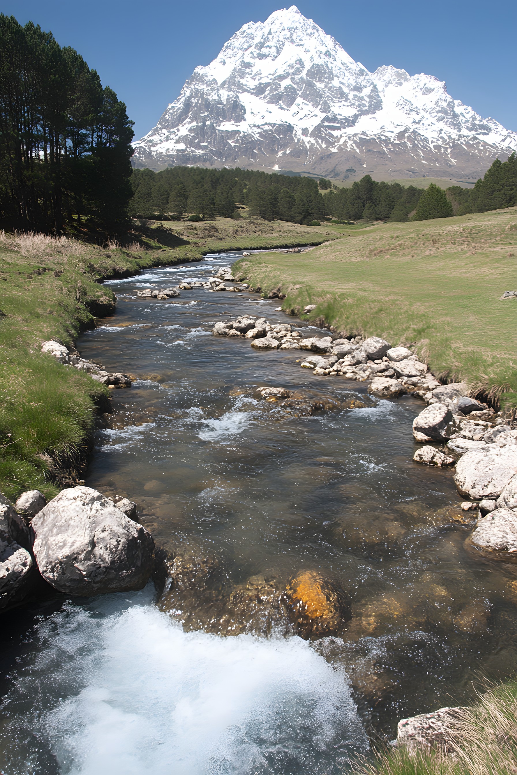 Natural landscape, Mountain, Highland, Landscape, Mountain range, Stream, Hill station, Valley, Mountain river, Fluvial landforms of streams, River, Meadow, Fell, Riparian zone, Ridge, Alps, Glacial landform, Summit, Creek, Conifers