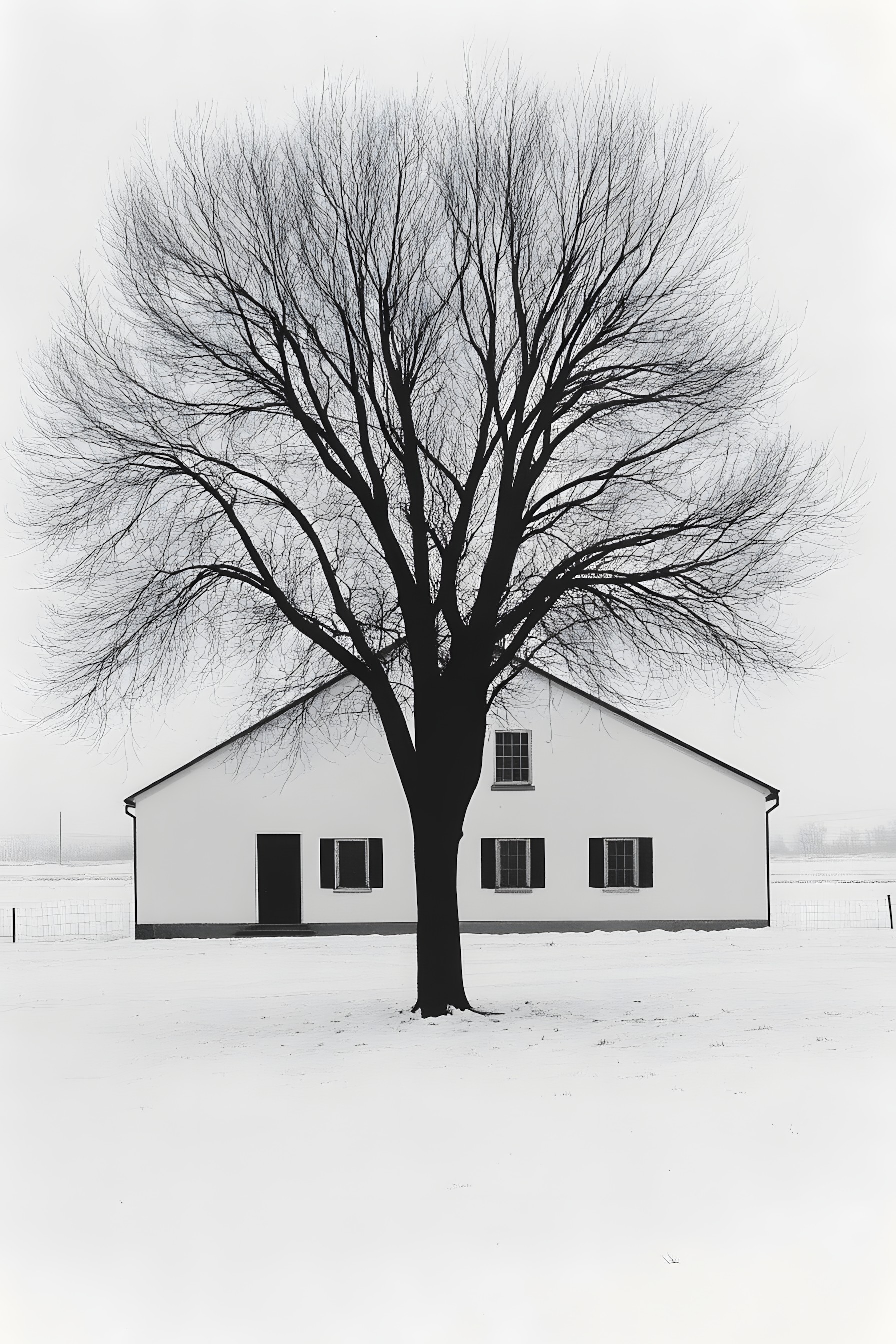 Photograph, Branch, Nature, White, Twig, Monochrome photography, Winter, Snow, Black and white, Trunk, Freezing, Monochrome, Slope, Woody plant, Shed, Cottage, Sugar shack, Precipitation, Barn, Farmhouse