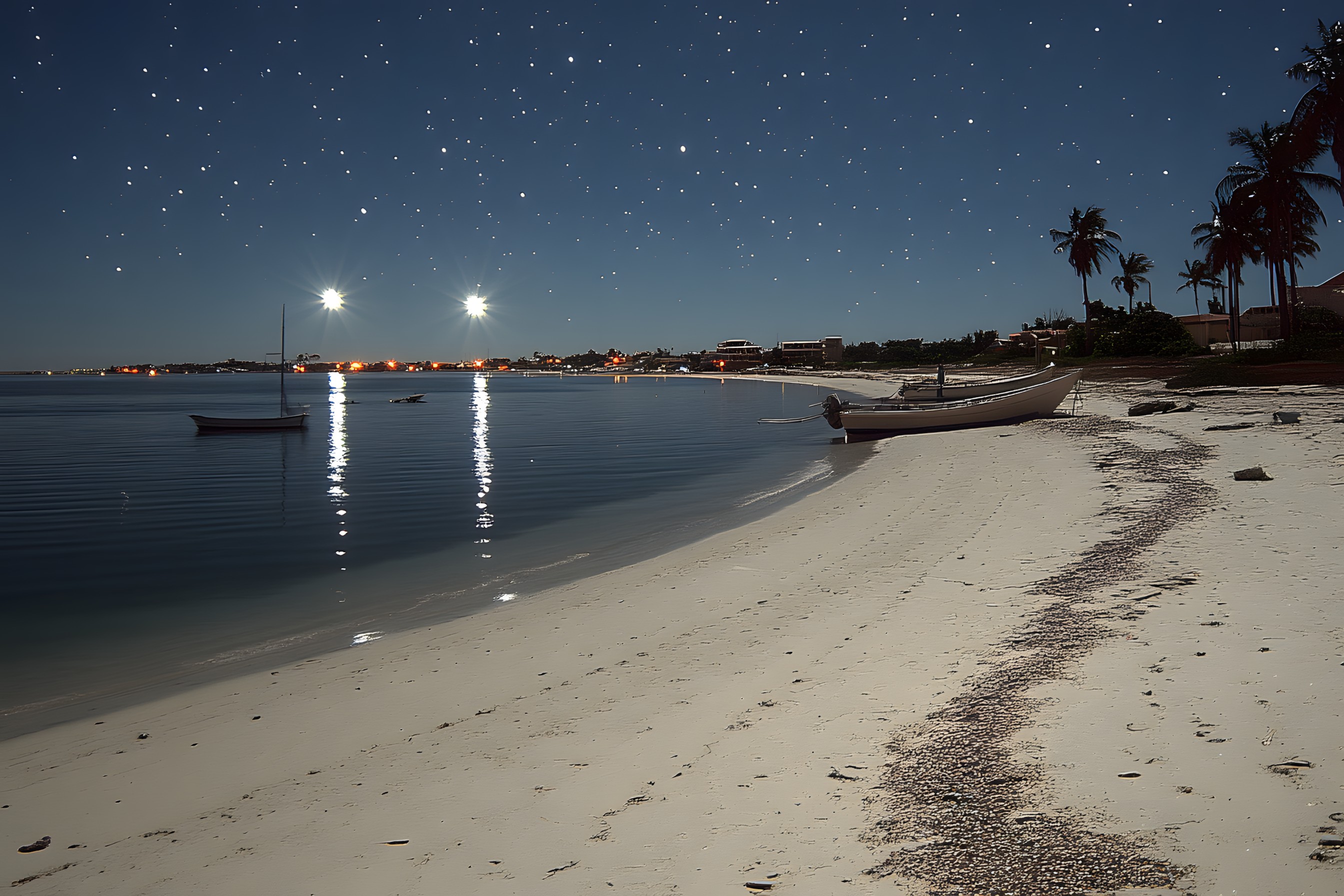 Sky, Body of water, Beach, Coast, Sea, Coastal and oceanic landforms, Shore, Sand, Ocean, Astronomical object, Watercraft, Dusk, Tropics, Evening, Palm trees, Caribbean, Boat, Shoal, Night, Bay