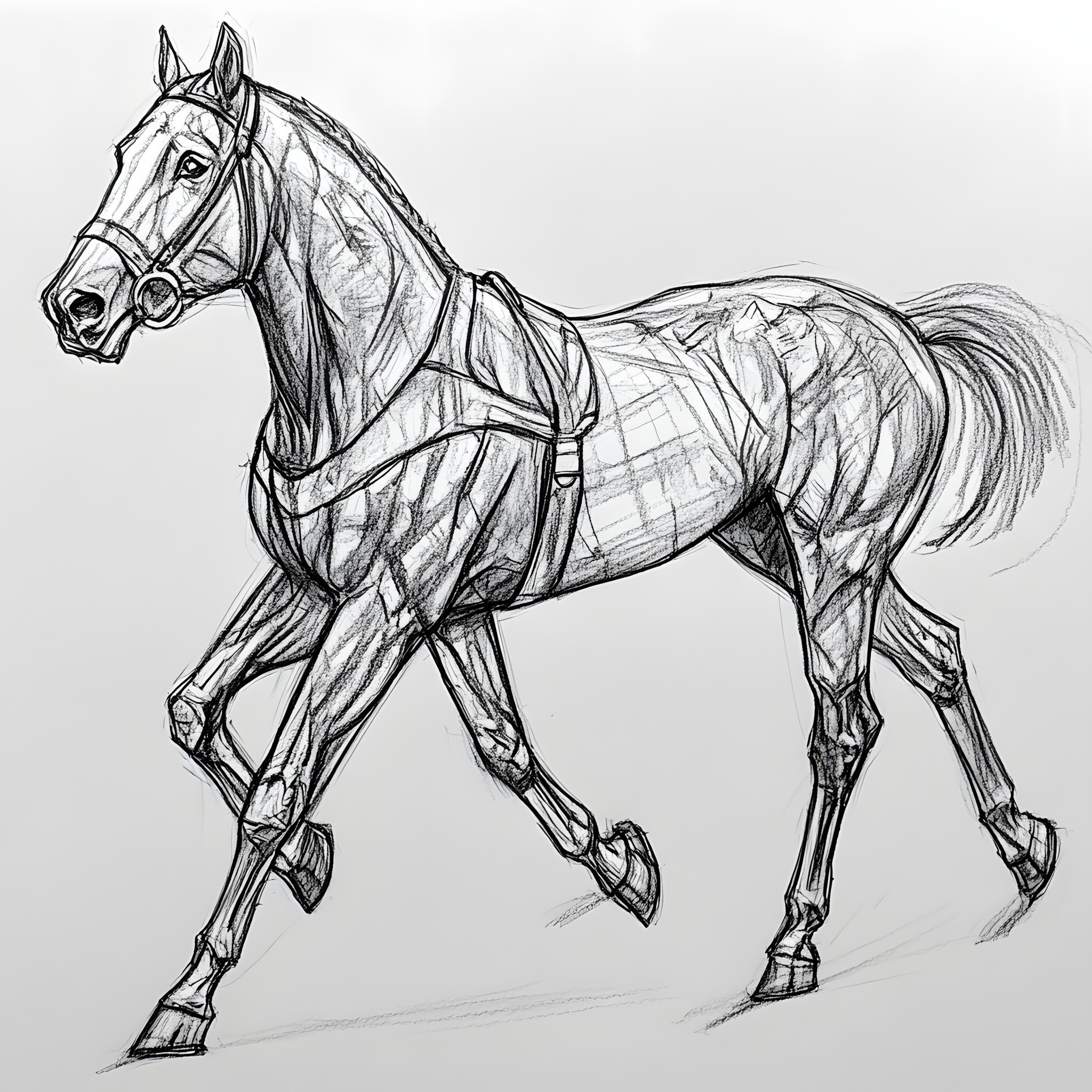 Horse, Bridle, Line art, Horse tack, Halter, Sketch, Drawing, Horse Supplies, Rein, Horse harness, Mare, Mane, Stallion, Working animal, Pack animal, Clip art, Bit, Livestock, Mustang, Child art