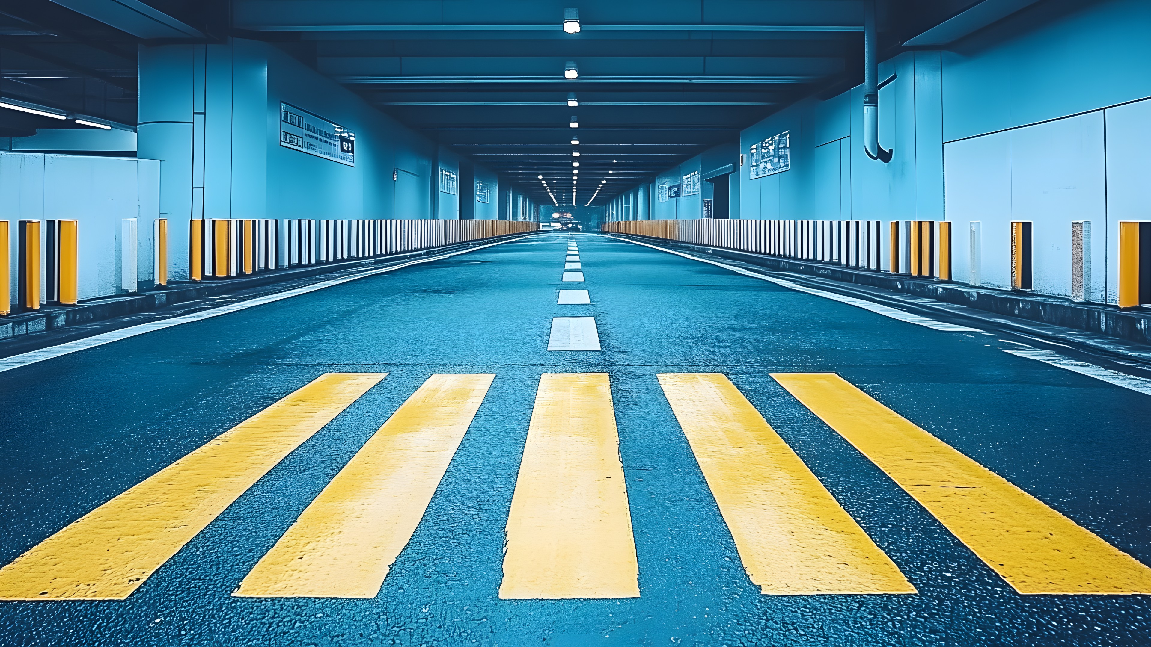 Blue, Infrastructure, Azure, World, Lighting, Floor, Architecture, Flooring, Line, Asphalt, Aqua, Rectangle, Road, Symmetry, Landmark, Parallel, Road surface, Electric blue, Font, Metropolitan area