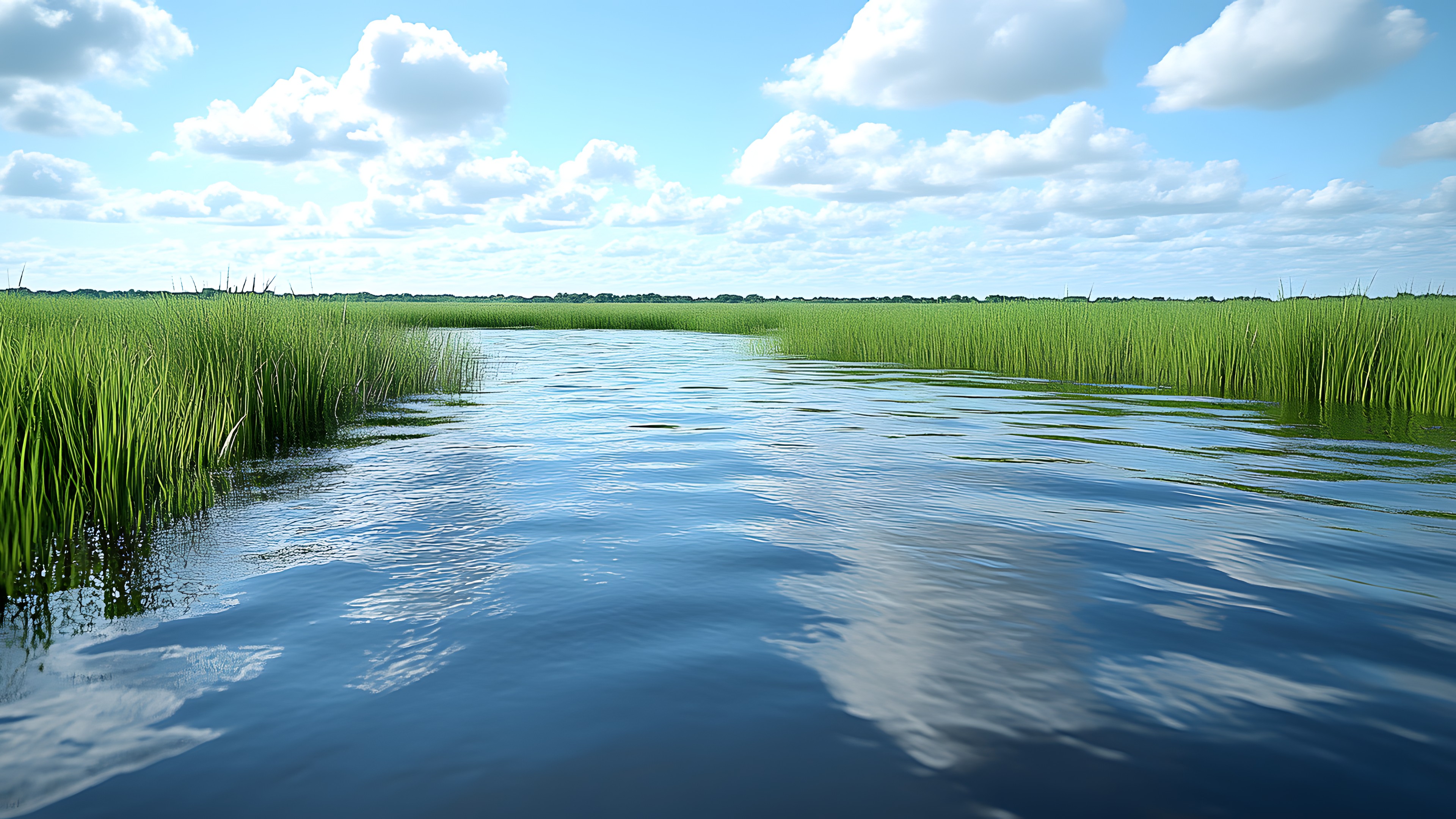 Water resources, Water, Body of water, Cloud, Marsh, Natural environment, Natural landscape, Wetland, Waterway, Freshwater marsh, Watercourse, Bank, Tidal marsh, Fen, Lake, Salt marsh, Plain, Grasses, Cumulus, Reflection
