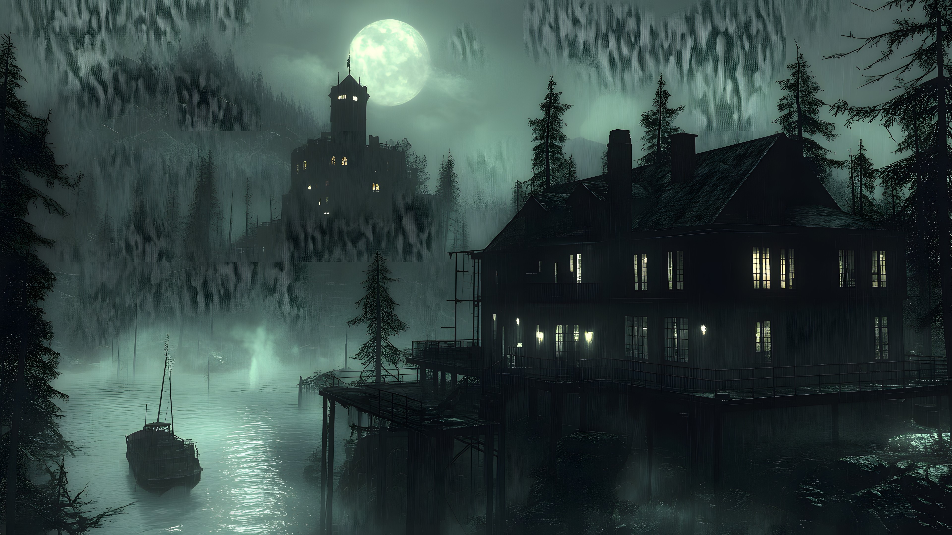atmospheric phenomenon, Moonlight, Mist, Game, Haze, Evening, Fog, Midnight, Celestial event, Night, Digital compositing, Full moon, Moon, Astronomical object, PC game, Mansion, Animation