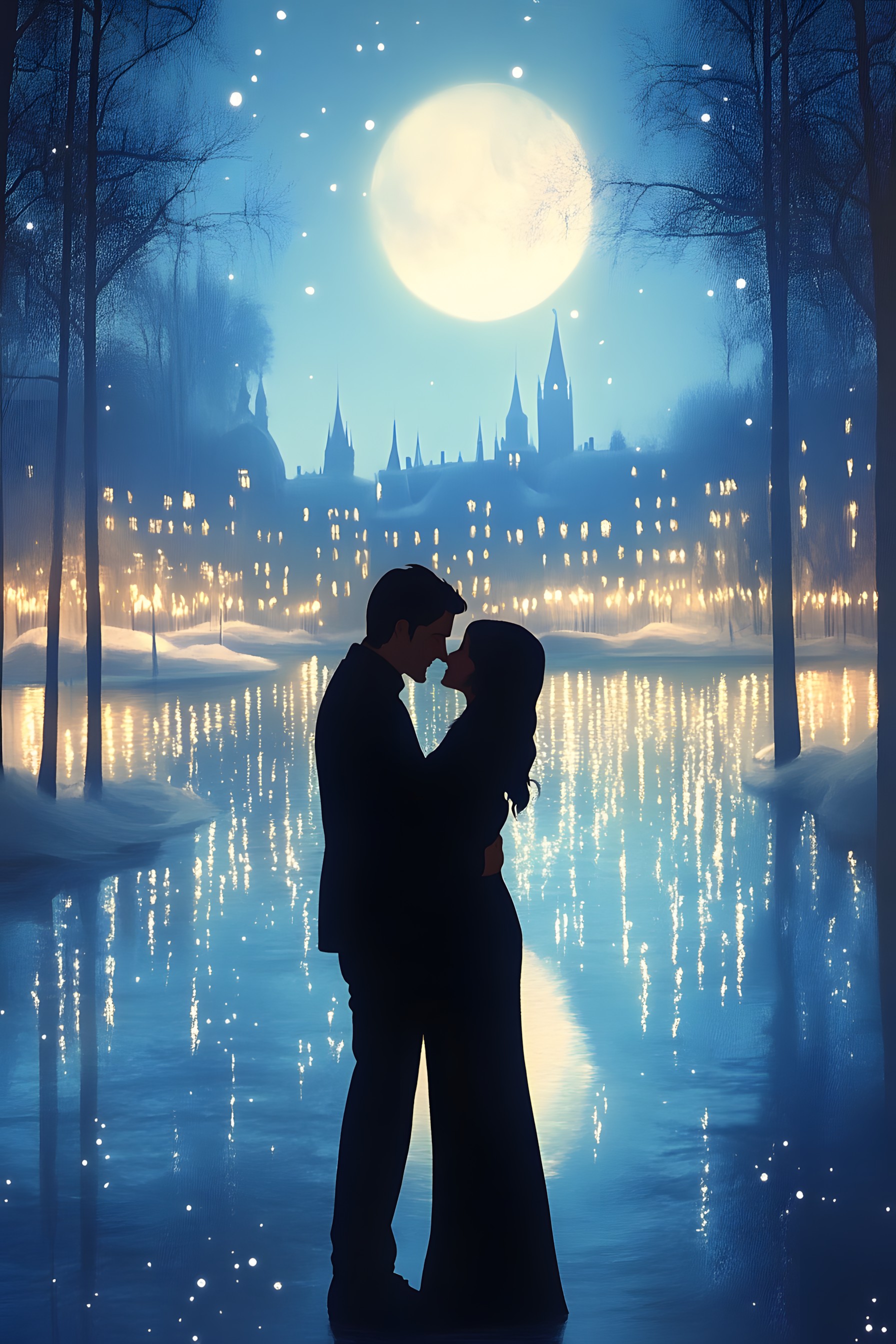 Romance, Moon, Love, Moonlight, Astronomical object, Evening, Dusk, Reflection, Night, Full moon, People in nature, Honeymoon, Celestial event, Hug, Sunset, Happiness, Midnight, Kiss, Sunrise, Animation