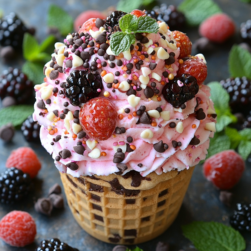 Food, Dessert, Ingredient, Berry, Produce, Fruit, Frozen dessert, Ice cream, Cream, Recipe, Boysenberry, Dairy product, Gelato, Garnish, Sprinkles, Ice cream cone, Superfood, Icing, Natural foods, Brambles