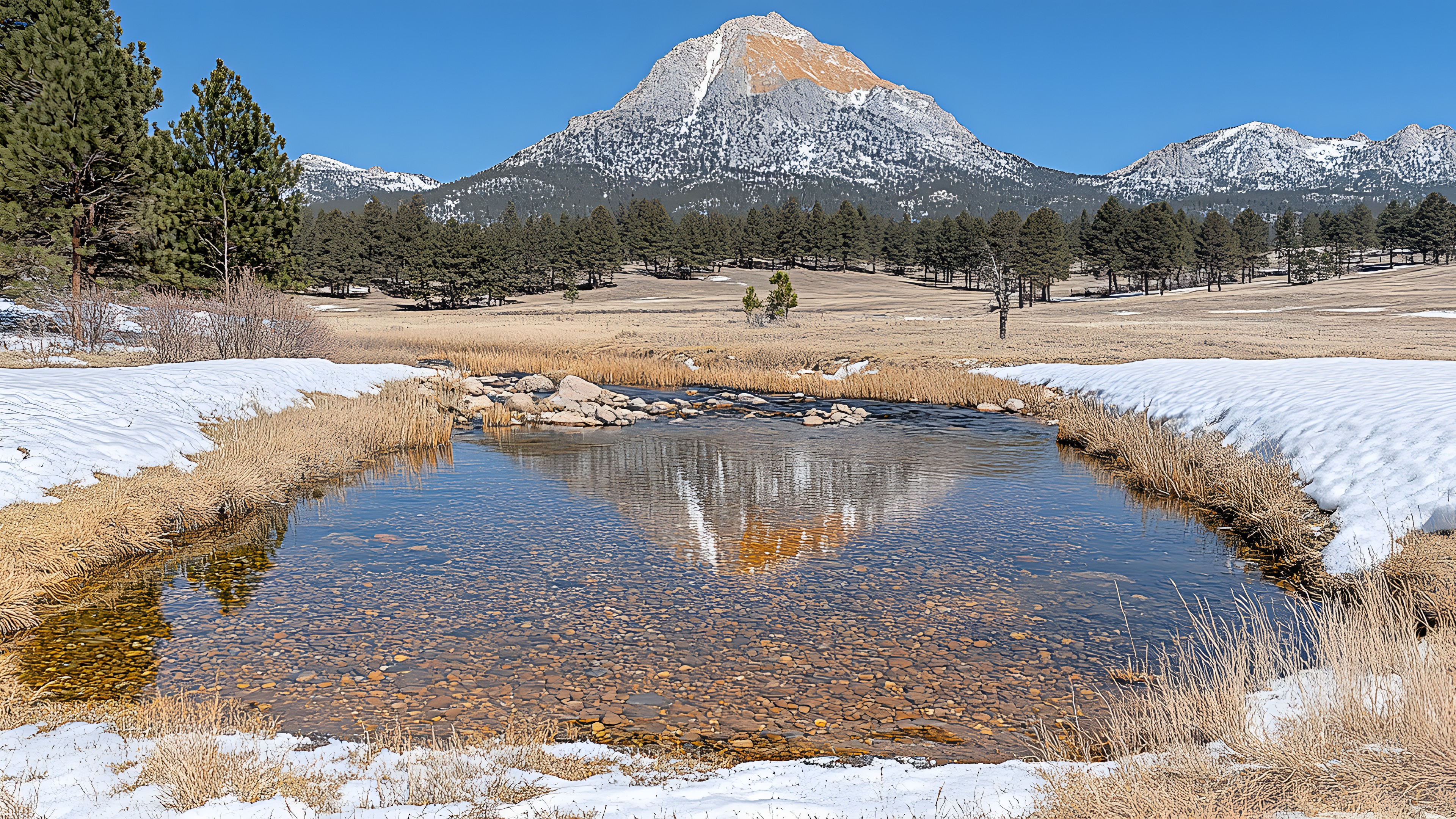 Water, Sky, Mountain, Snow, Natural landscape, Tree, Lake, Plant, Larch, Highland, Bank, Mountainous landforms, Landscape, Lacustrine plain, Mountain range, Glacial landform, Freezing, Ice cap, Hill, Winter