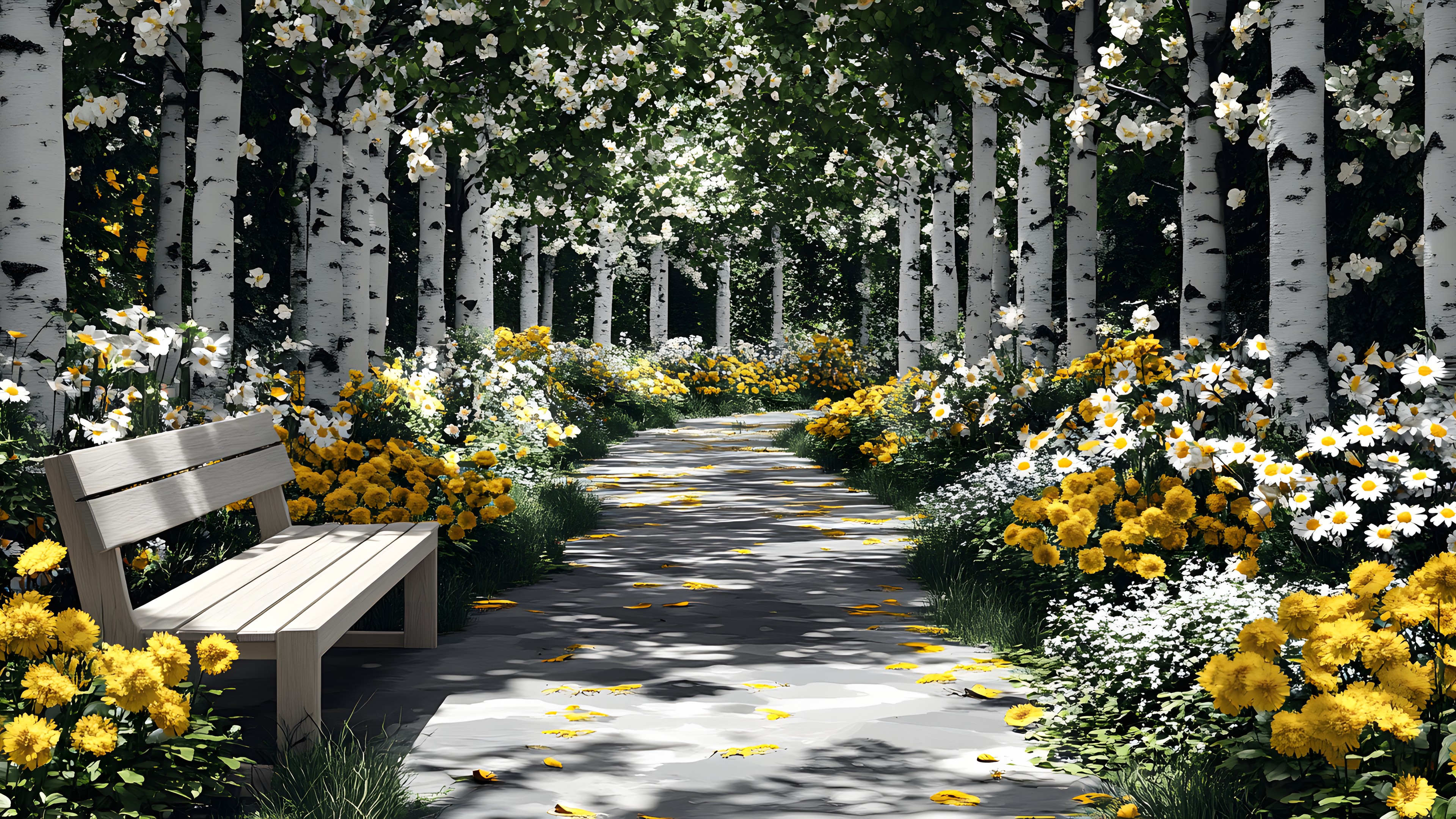 Flower, Nature, Yellow, Shrub, Garden, Petal, Spring, Woody plant, Landscaping, Botanical garden, Walkway, Woodland, Grove, Wildflower, Park, Perennial plant, Path
