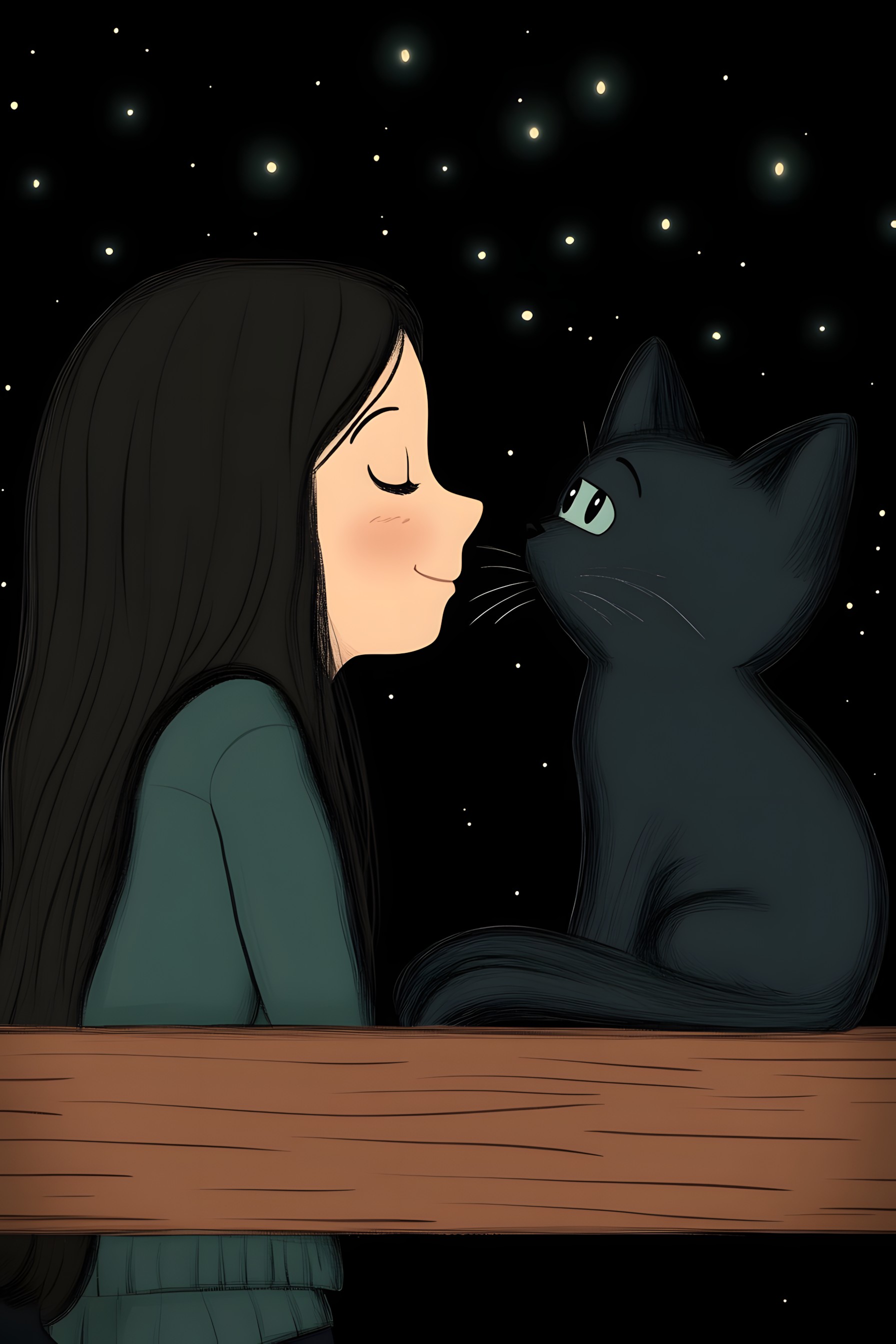 Cat, Moon, Black hair, Felidae, Felinae, Astronomical object, Animation, Black cat, Carnivores, Cartoon, Moonlight, Animated cartoon, CG artwork, Celestial event, Graphics, Whiskers, Fur, Love, Anime, Fictional character