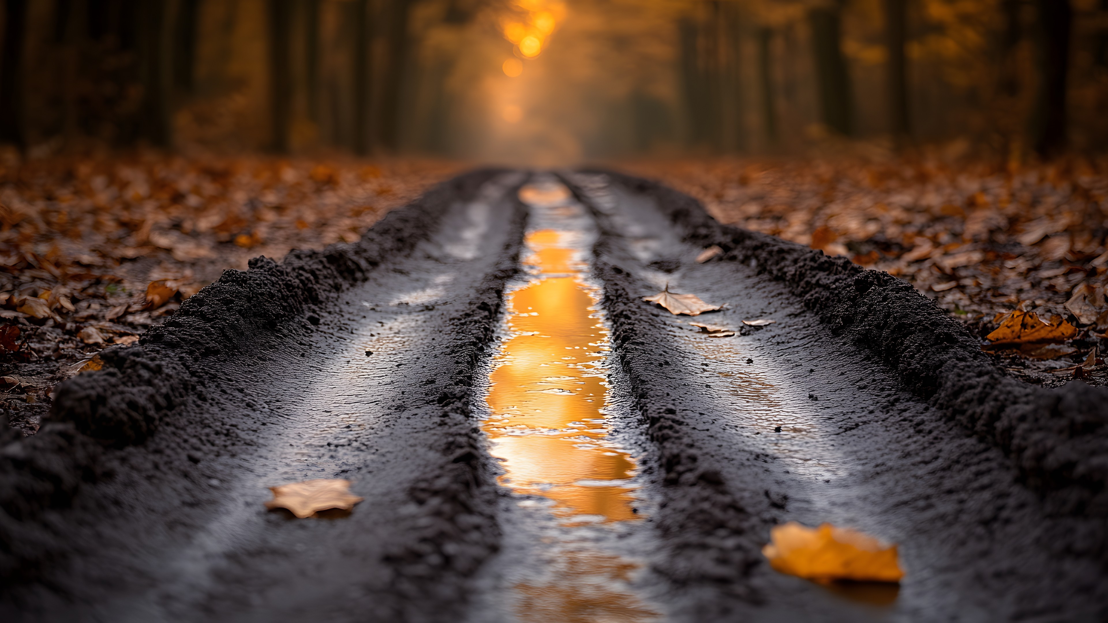 Road, Yellow, Brown, Orange, Forest, Autumn, Trail, Sunlight, Soil, Woodland, Tar, Evening, Shadow, Path, Old-growth forest, Dirt road